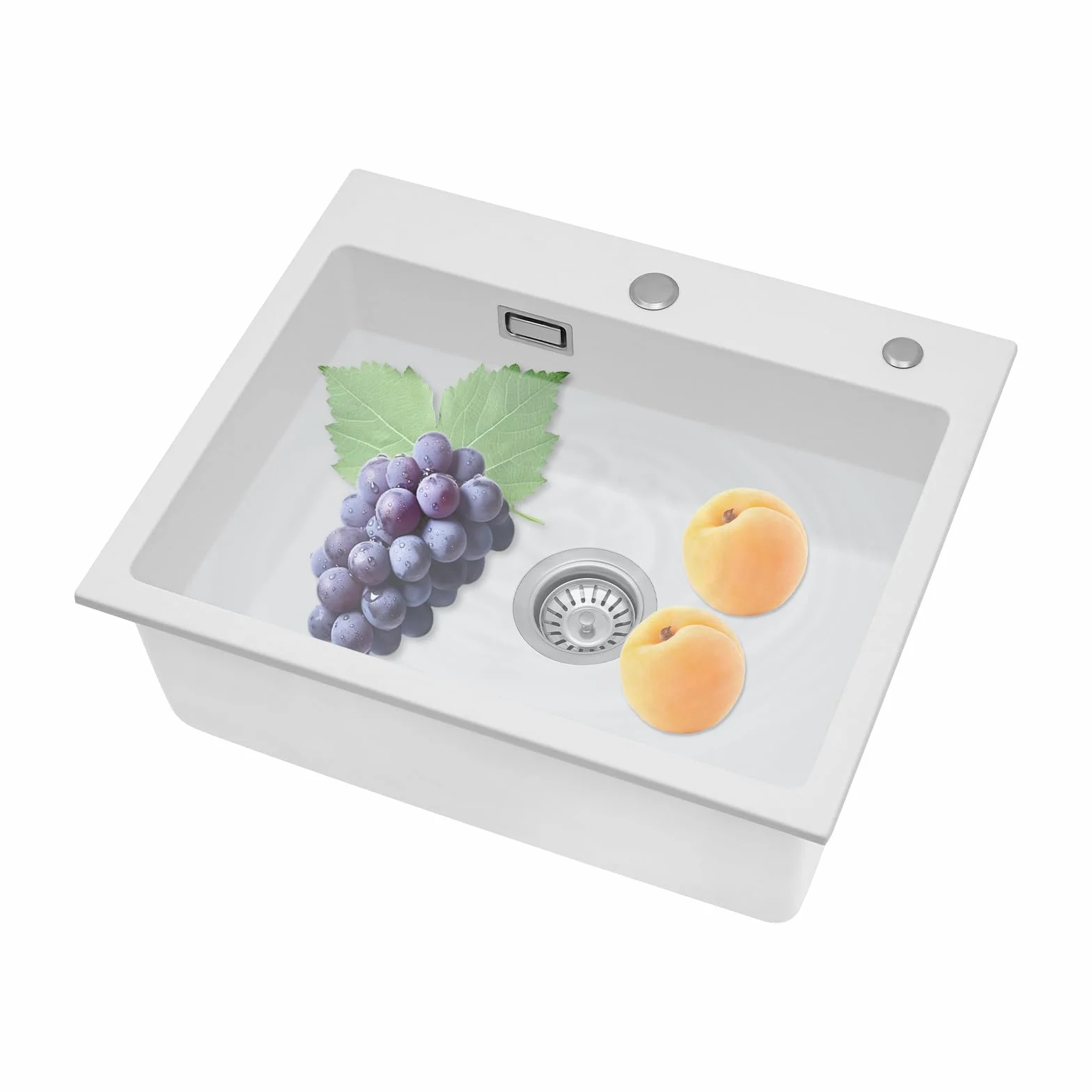 Fregadero de cocina rectangular de piedra de cuarzo, 55 x 45 cm, con 3 tipos de montaje, montaje en encimera, con cesta de desagüe y tapón de olores, con desagüe giratorio 360°, color blanco