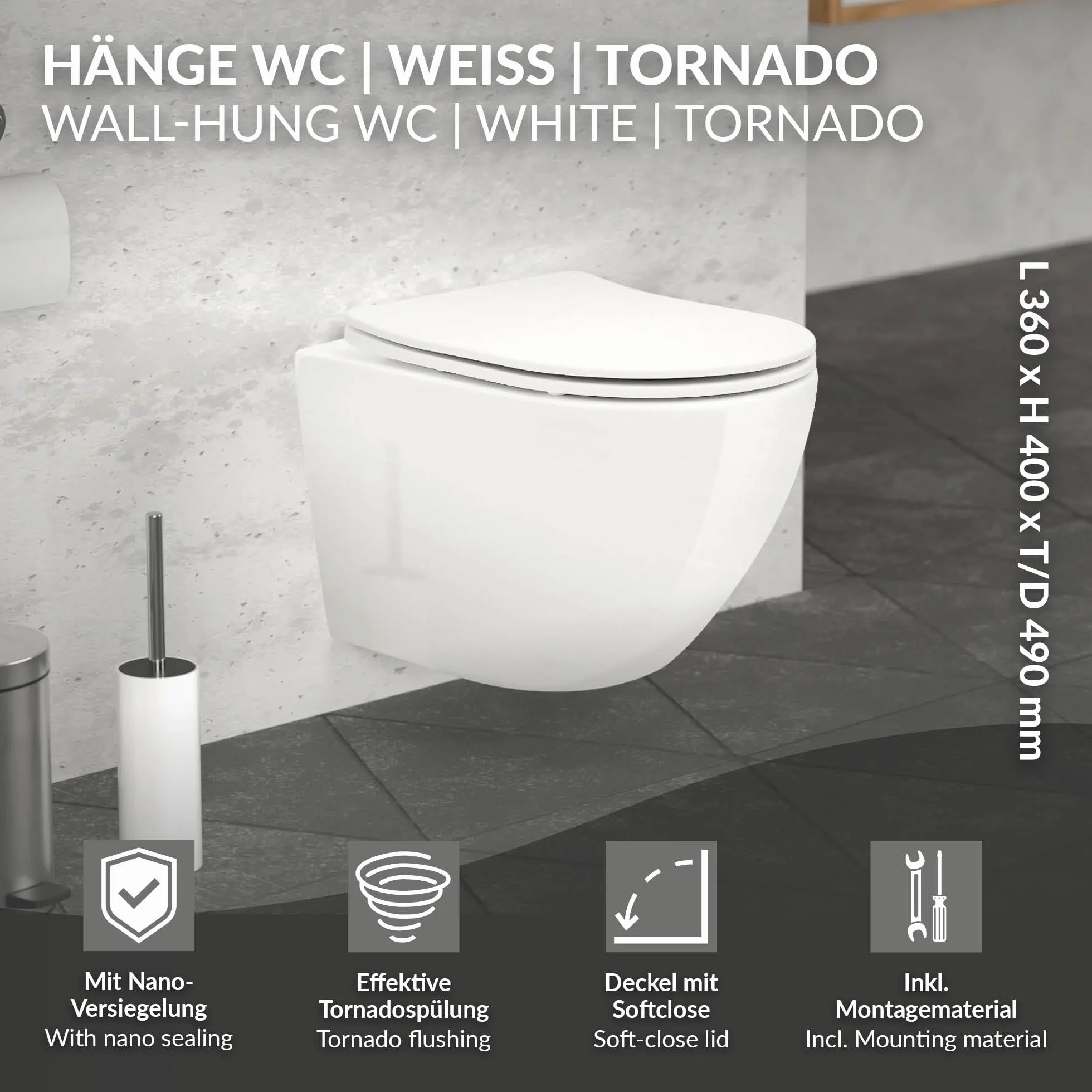 LuxeBath WC Suspendido Blanco Brillante de Cerámica sin Borde, Inodoro Colgante Corto de 49cm con Nanorecubrimiento, Descarga Profunda de Tornado para Baño Estilo modenro, Wáter con Asiento Extraíble