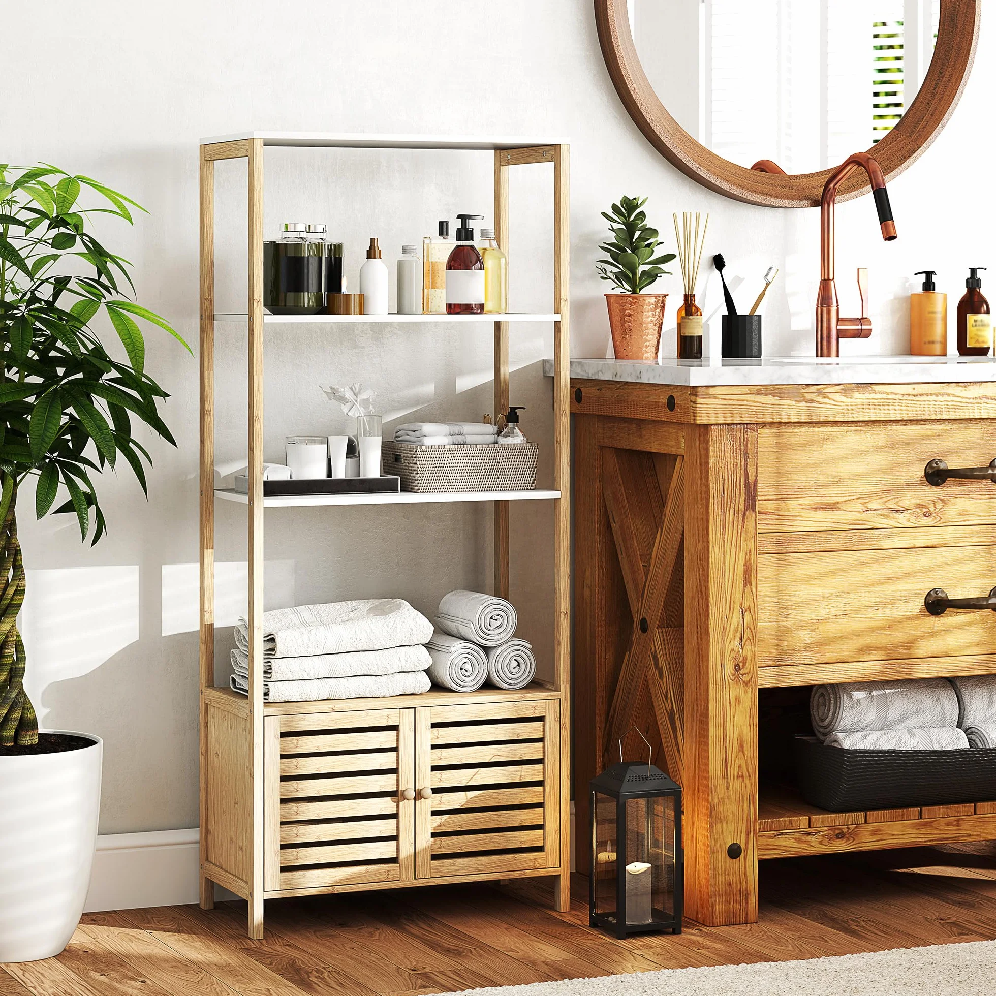 HOMCOM Estantería Baño Bambú 3 Estantes Abiertos Almacenaje Puertas Lamas 63x30x138 cm Natural Blanco