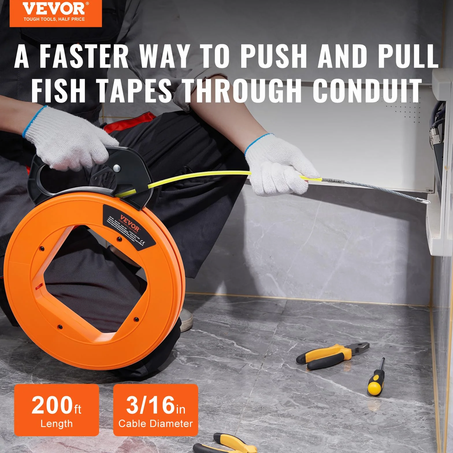 VEVOR Cinta de Pesca de 60,96 m, Diámetro de 4,7 mm, Extractor de Cables de Fibra de Vidrio con Carcasa y Mango, Herramienta Extractora de Cables para Paredes y Conductos Eléctricos, no Conductor
