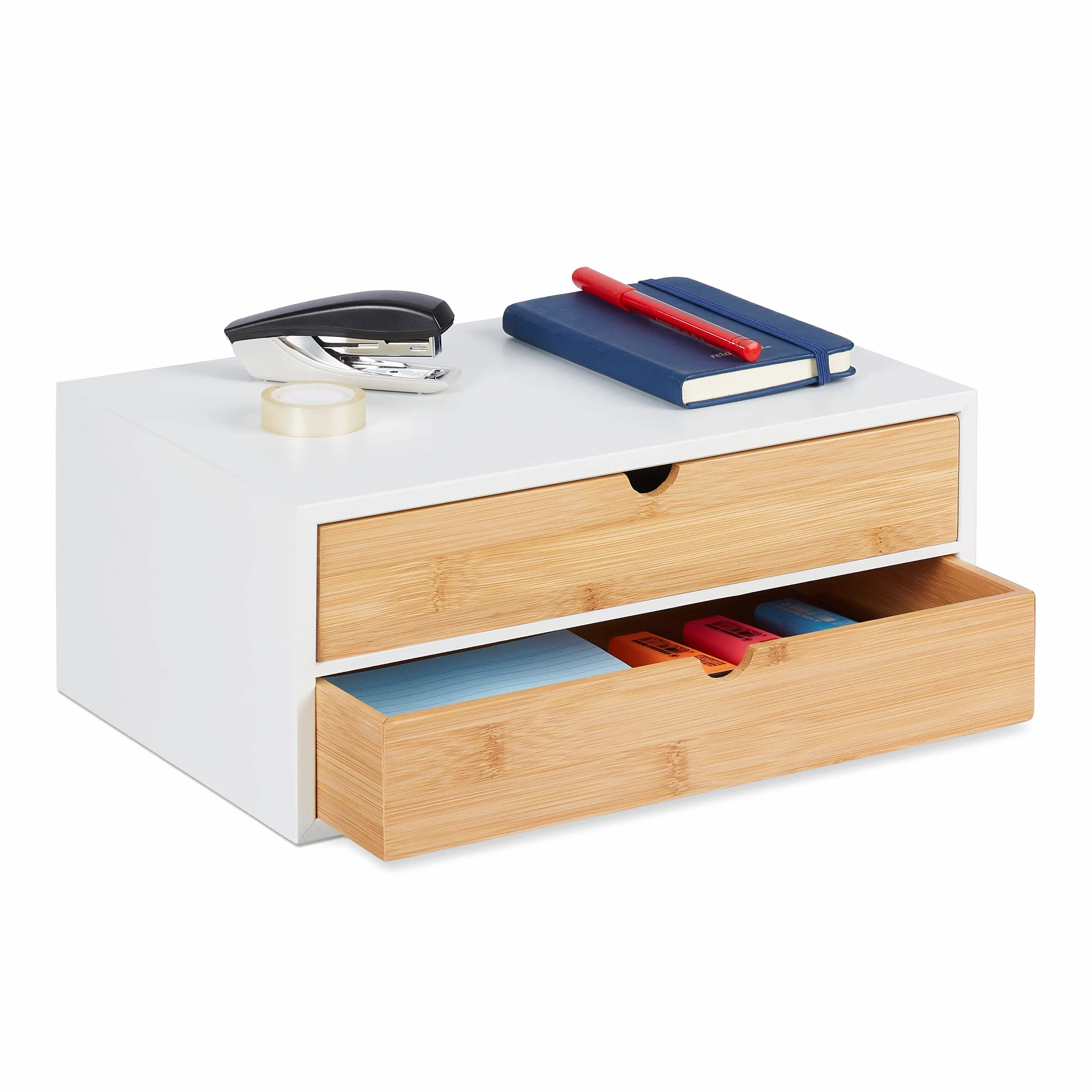 Relaxdays Organizador Escritorio 2 Cajones Bambú MDF 14x33x21cm Natural Blanco