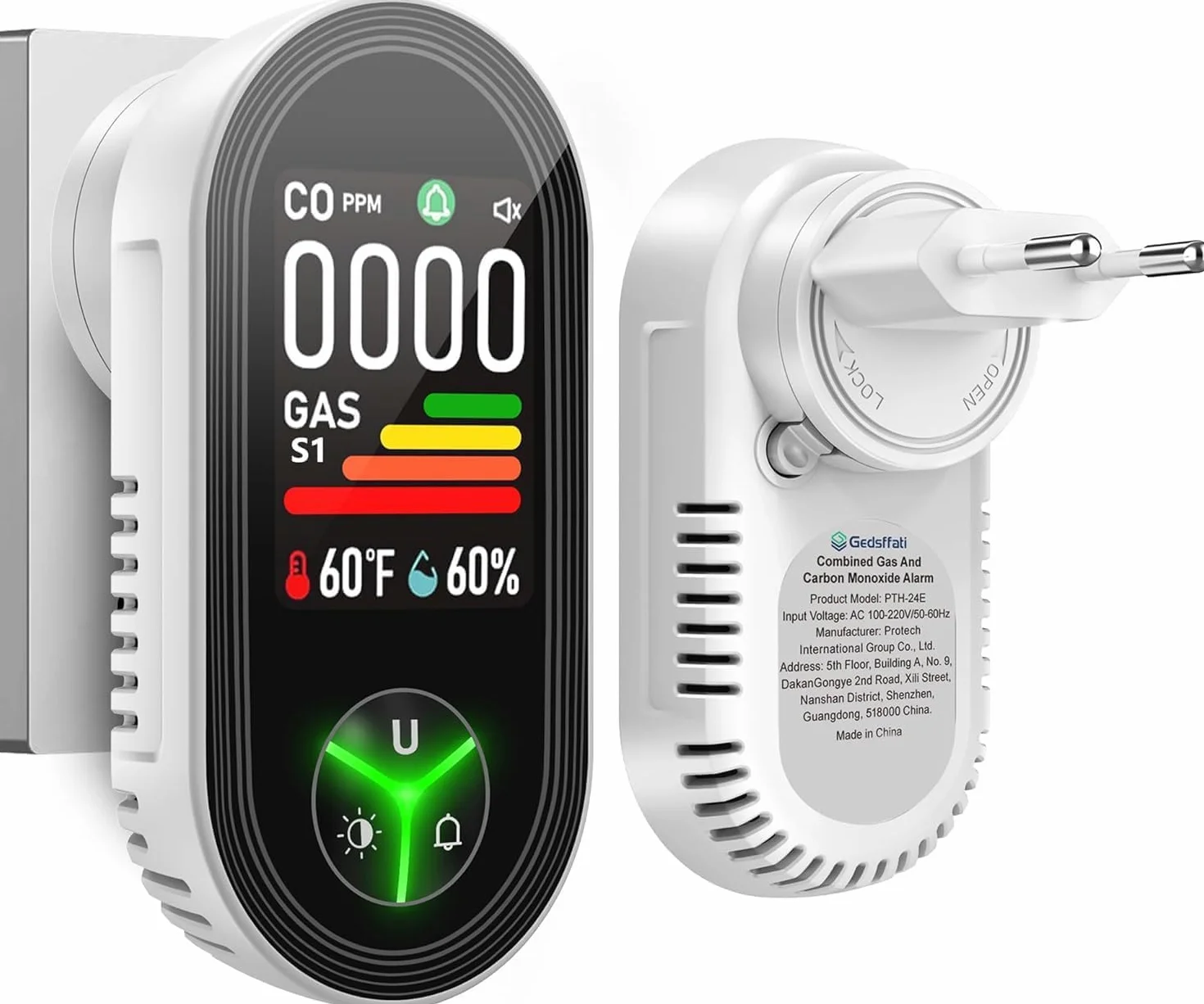 Detector de Gas y Monóxido de Carbono con Enchufe para Hogar, Alarma de CO para Casa, Alarma de Gas Combustible para Gas Natural LPG Metano Propano Butano, Blanco, PTH-24E