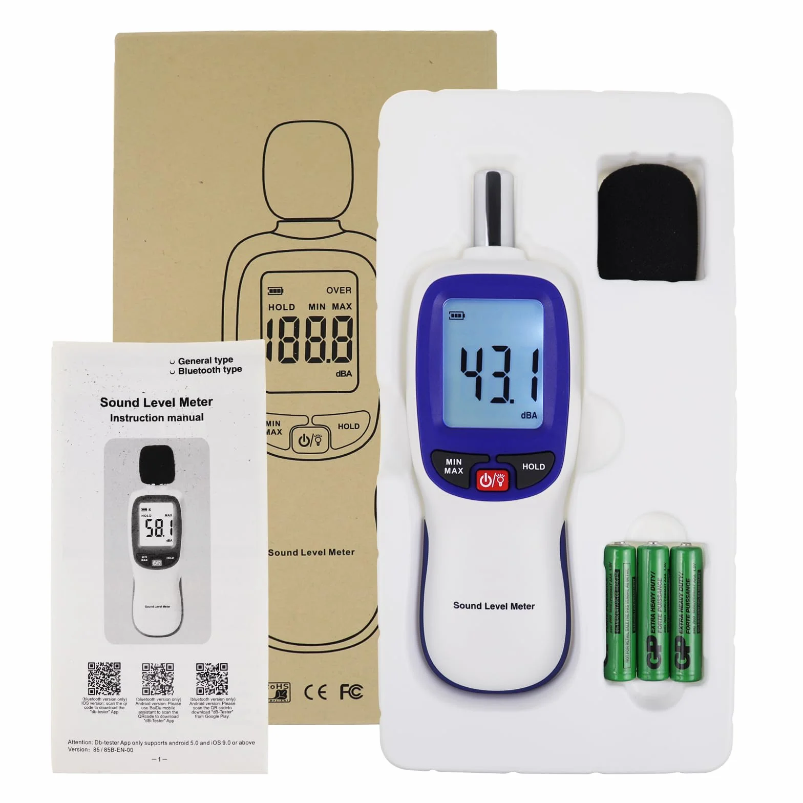 Medidor de Nivel de Sonido Digital Bluetooth SPL 30~130dBA MAX/MIN Retención de Datos Pantalla LCD Retroiluminada