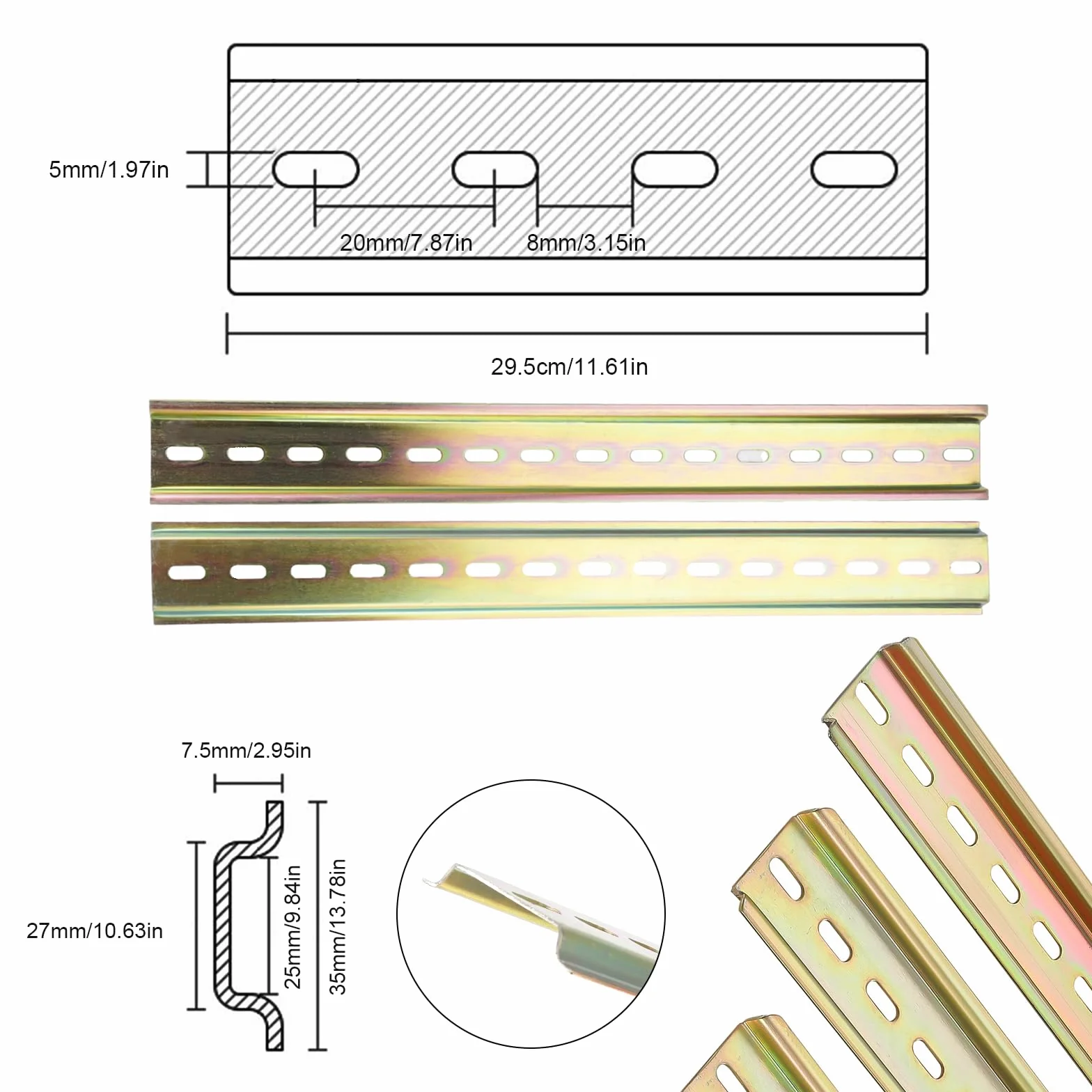 8 rieles DIN, rieles de acero de colores, riel de suspensión, ancho 29,5 cm, altura 7,5 mm, longitud de 3,5 cm para instalar aparatos eléctricos como disyuntores