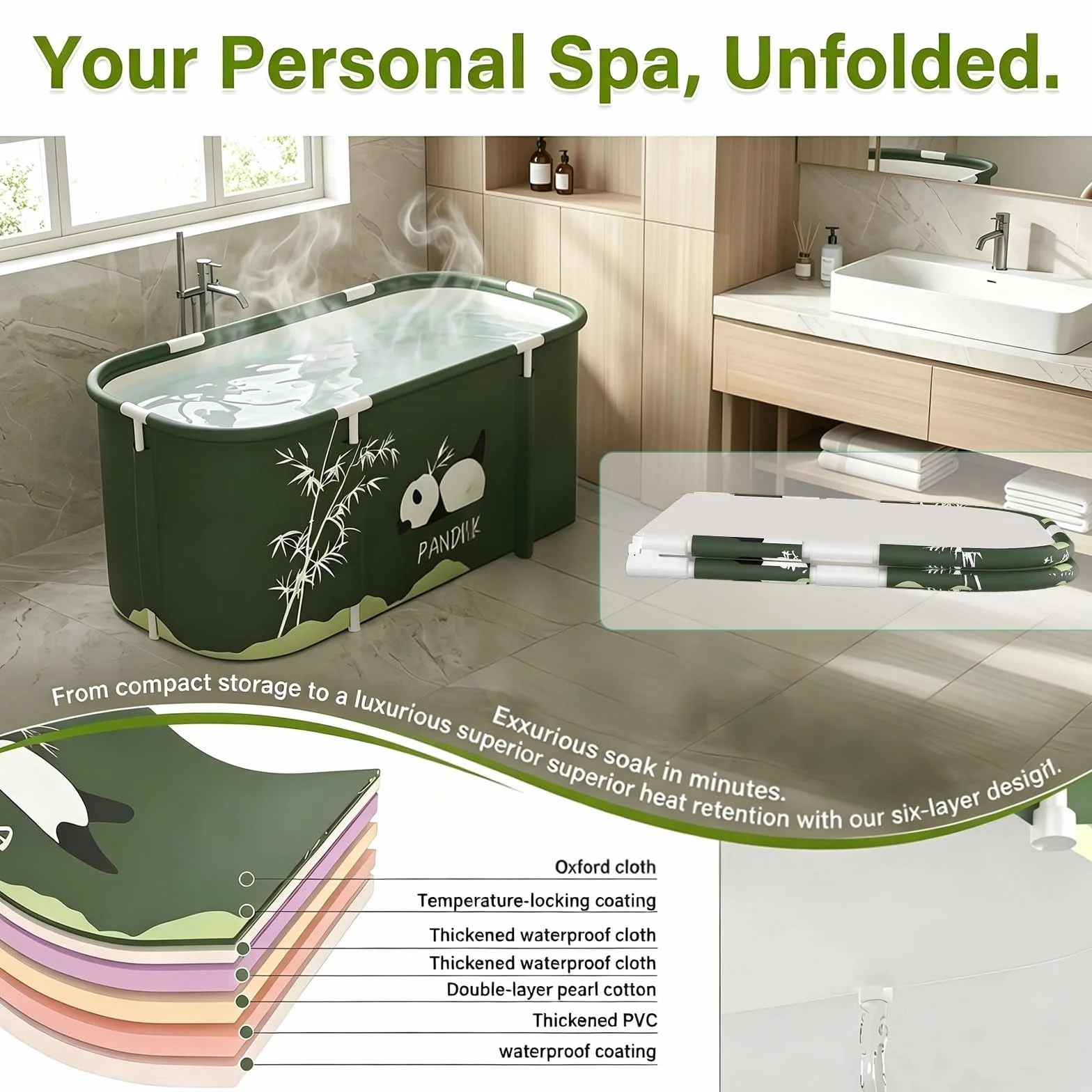 Bañera plegable 115 x 60 x 50 cm, bañera móvil para ducha, bañera plegable portátil extraíble para baño caliente y baño de hielo, para adultos