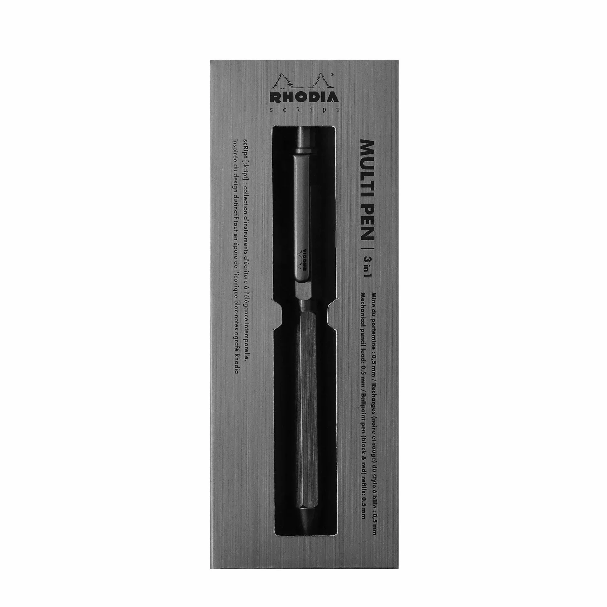 Rhodia 9371C Multipen ScRipt 3-en-1 Stylo-Bille 0,5 mm Noir Rouge Portemine 0,5 mm Corps Aluminium Brossé Titane Rechargeable