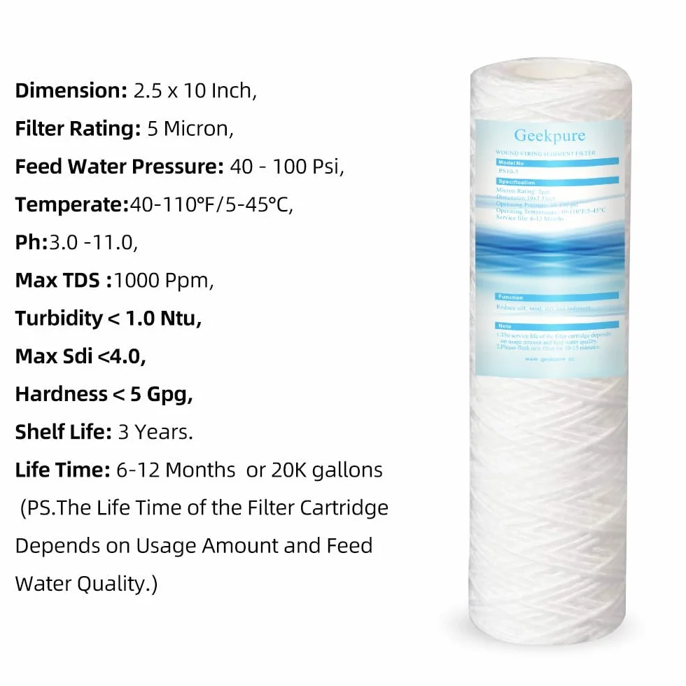 Geekpure Cartucho de filtro de agua de sedimentos de hilo enrollado de polipropileno de 2,5 x 10 pulgadas para eliminar el óxido de arena y sedimentos - 5 micrón, paquete de 4