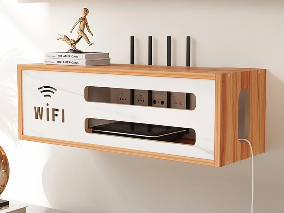 Caja Router Pared, Router Rack, Ocultar Router WiFi, Estante de Almacenamiento de Enrutador WiFi Cajas de Pared, para El Router para Sala de Estar de TV de Decoración del Hogar(Marrón)