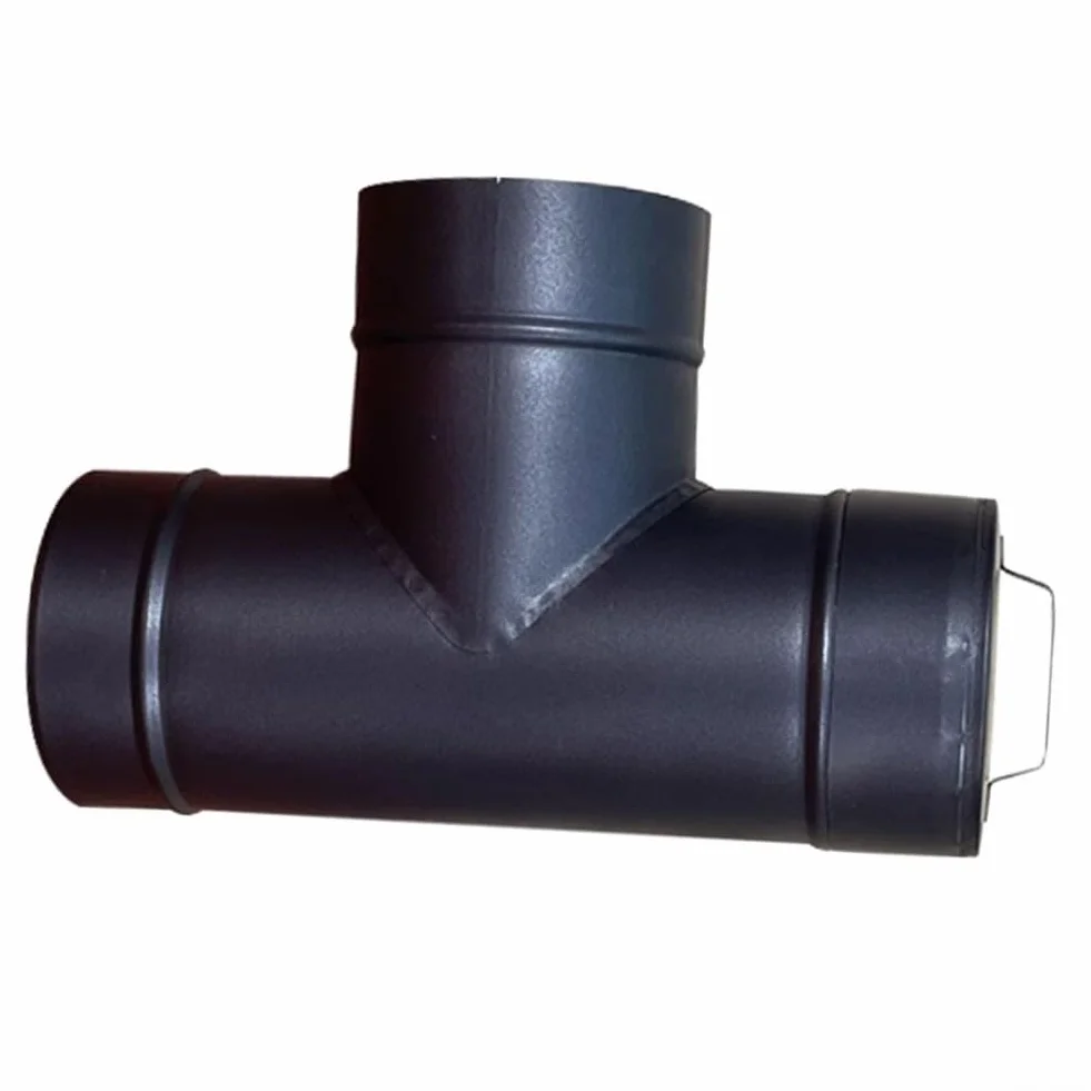 Tubo de estufa en T para chimenea de leña, construcción de acero, resistente a altas temperaturas, tapa de limpieza de 150 mm de diámetro, color negro, compatible con tubos de chimenea