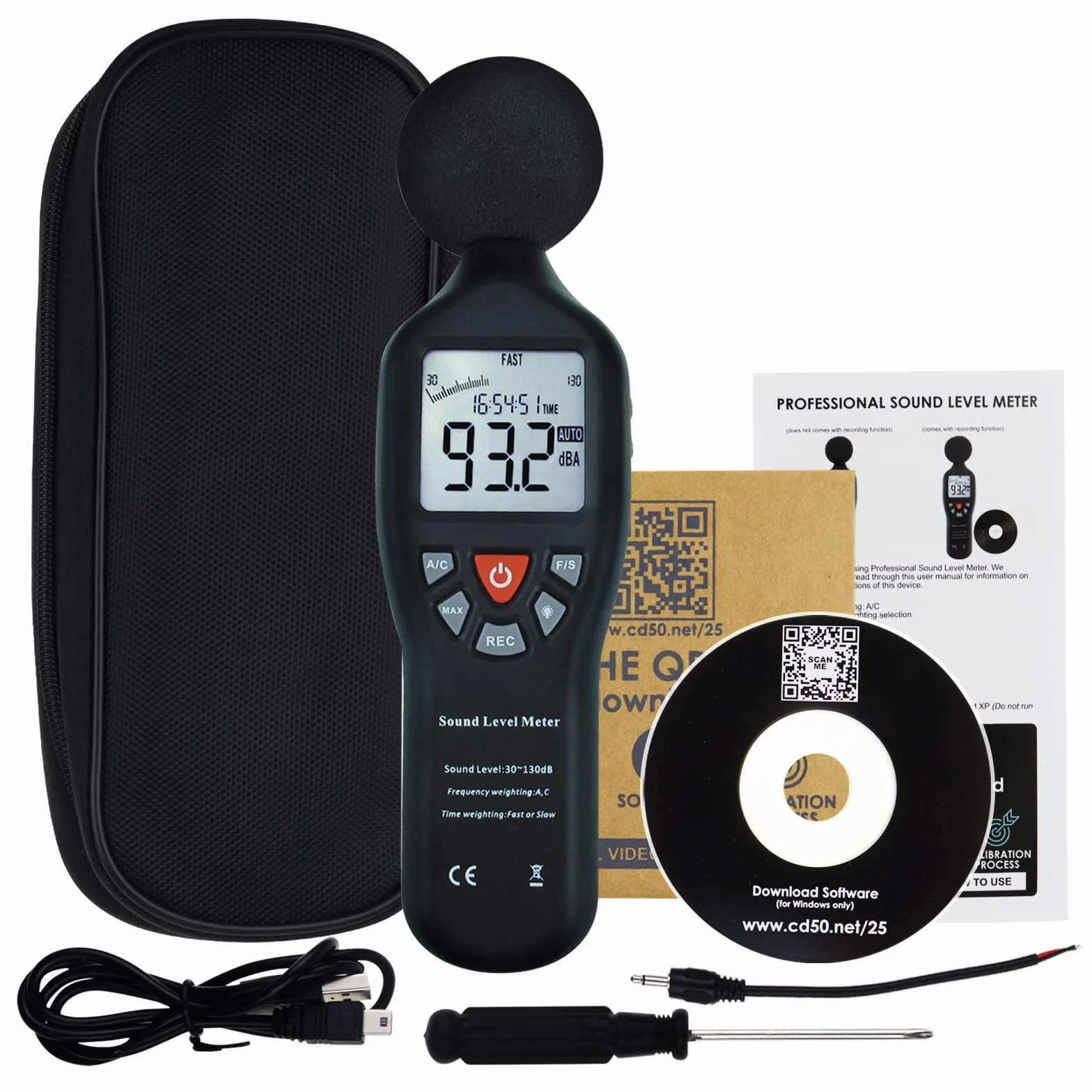 Instrumento Compacto Profesional Digital Sonido Nivel Metro Decibel con Retroiluminado Monitor Alto Exactitud Medición 30dB-130dB con Datos Grabar Función