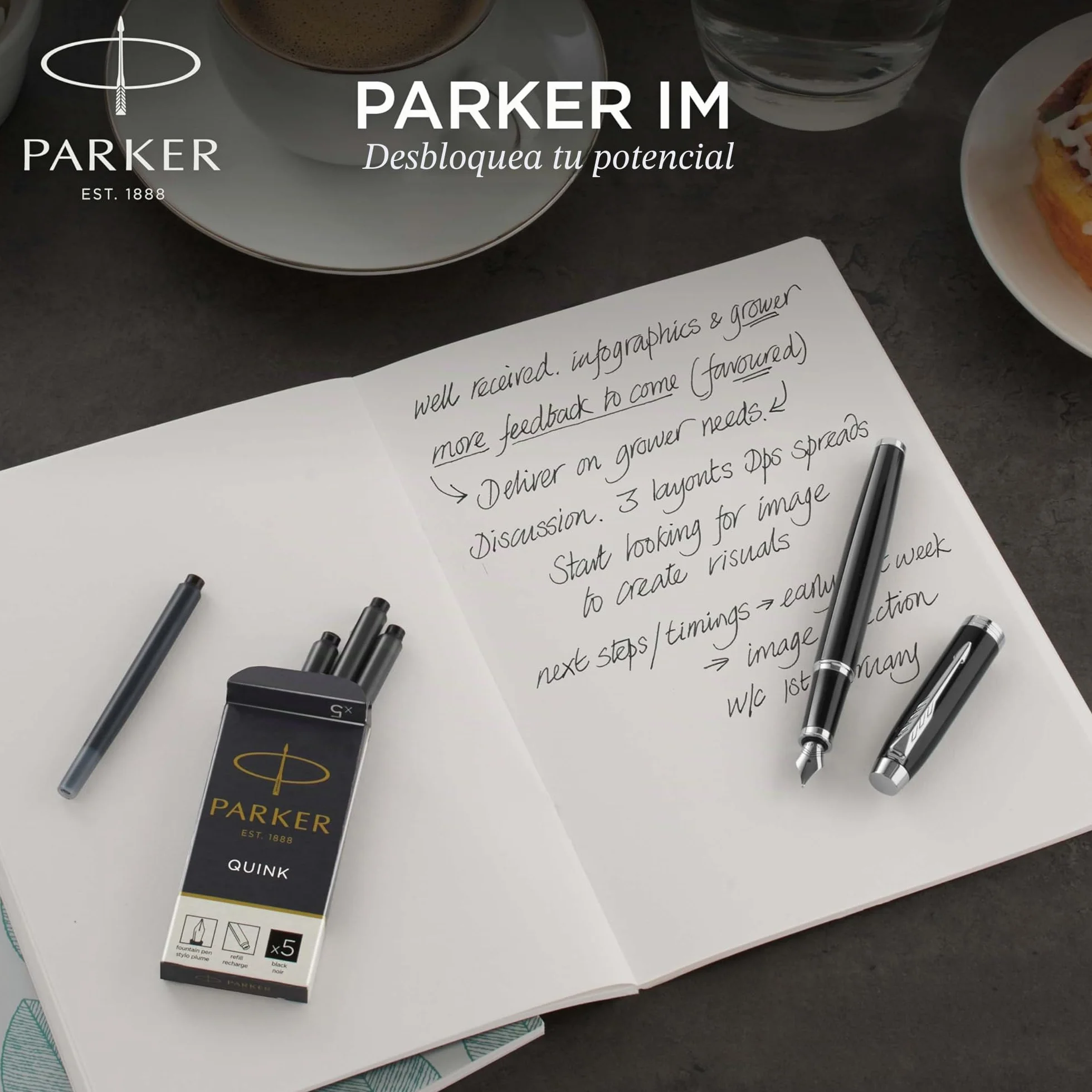 Parker IM Set de regalo Duo Pen Pluma estilográfica y bolígrafo estuche lacado negro cromado punta media recargas tinta azul