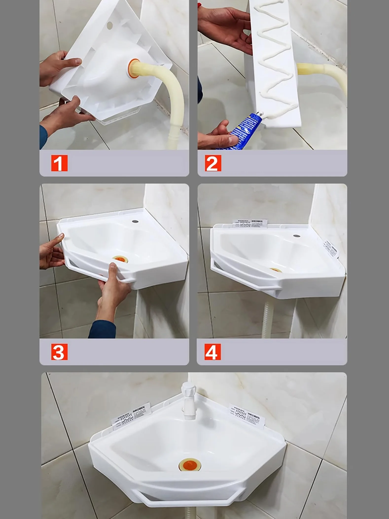 Fregadero esquinero de pared de 38 x 20 x 10 cm, de plástico, color blanco, para invitados, baño, camping, jardín, sótano, construcción, fregadero compacto para lavar a mano