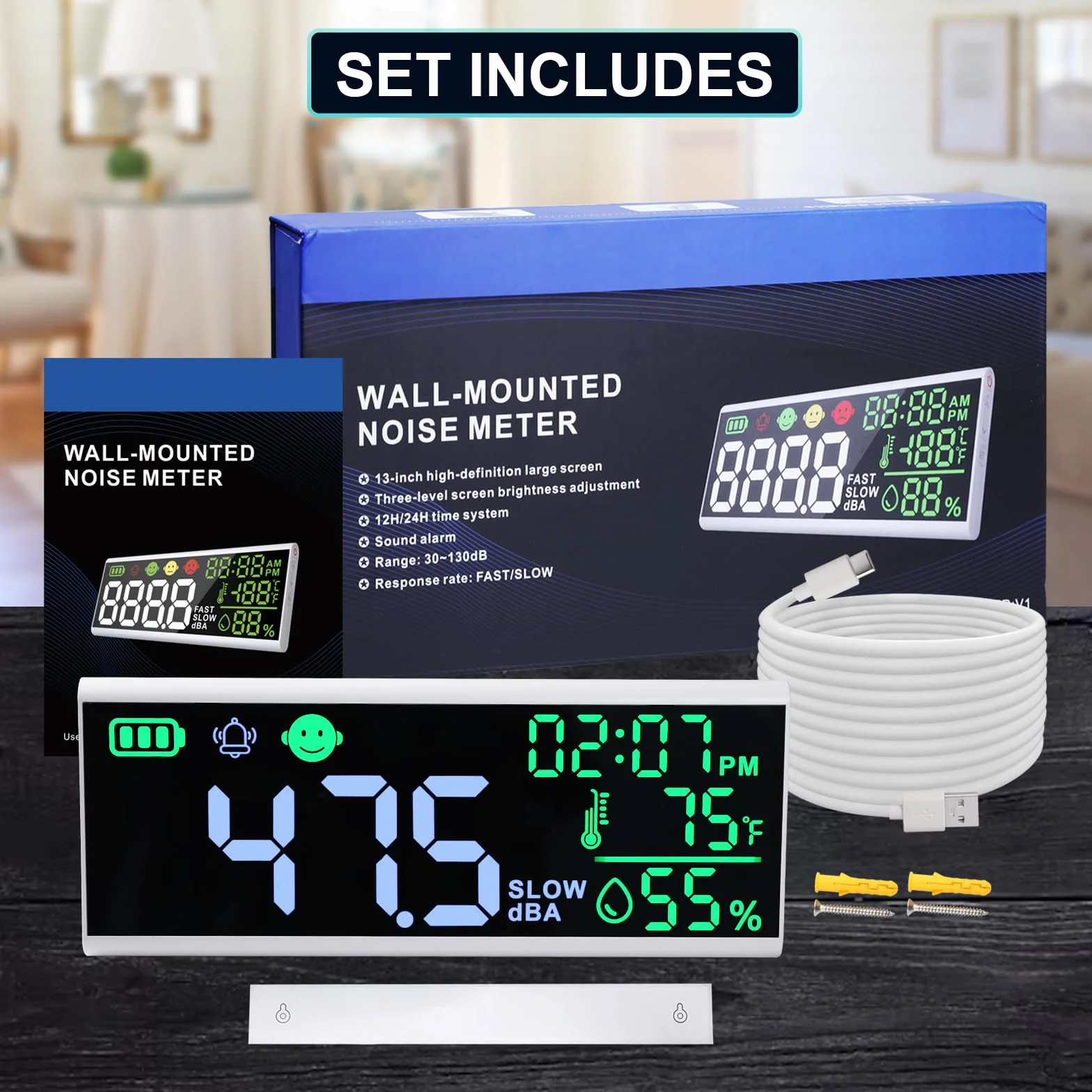 Medidor de nivel de sonido montado en pared y escritorio con indicador de iconos de alarma de zumbador