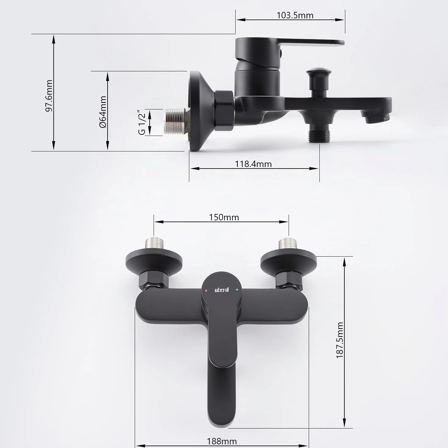 Grifo Bañera Negro, Grifo Bañera y ducha de Latón, Mezlador Monomando Ducha con Caño Bañera, Grifo Bañera Mural para Baño, Grifo para Ducha y Bañera, Universal 1/2" Salida Inferior