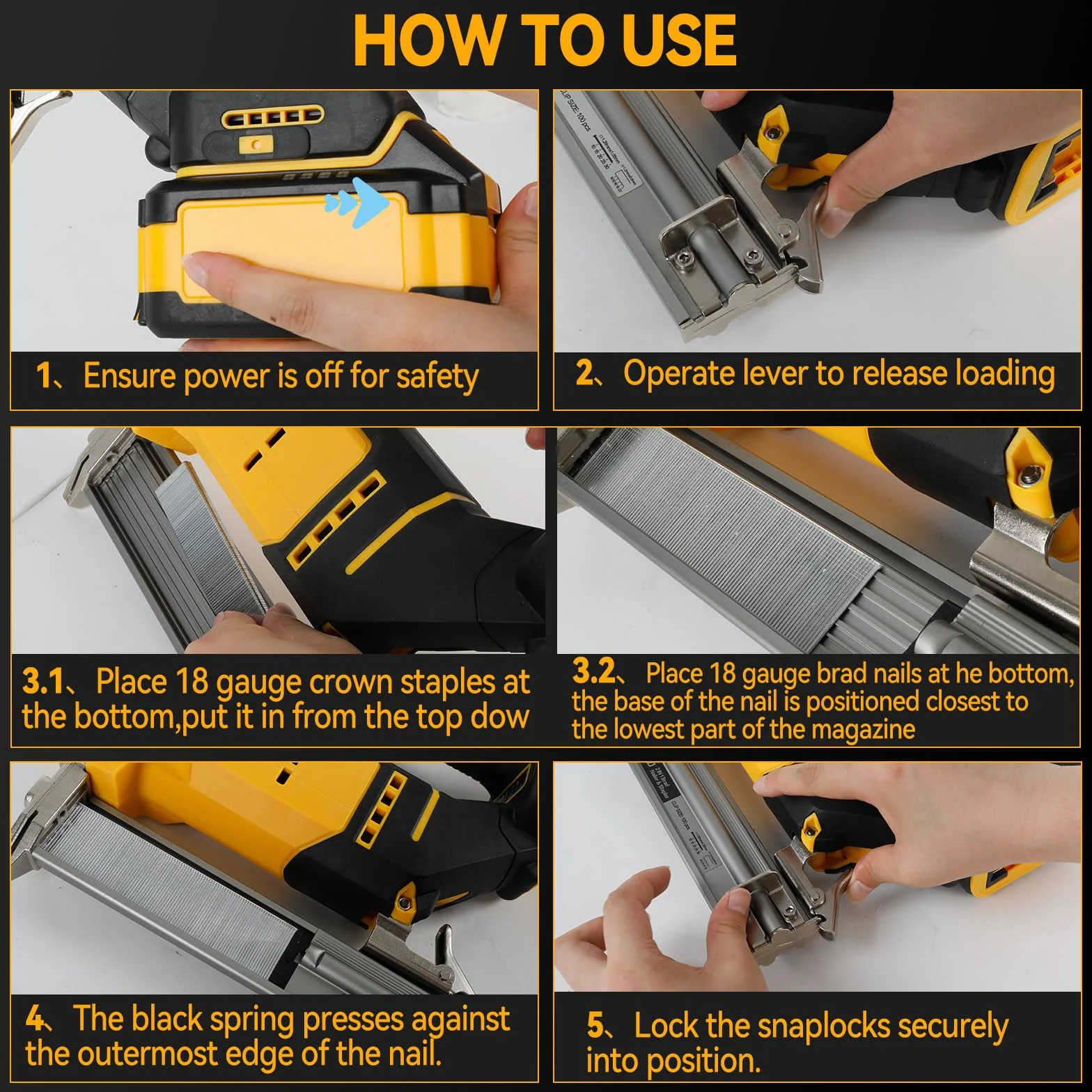 Clavadora de brads inalámbrica de 18GA compatible con batería Dewalt 20V MAX, clavadora de corona estrecha sin escobillas con 1000 clavos y 1000 grapas para bricolaje, DIY y carpintería