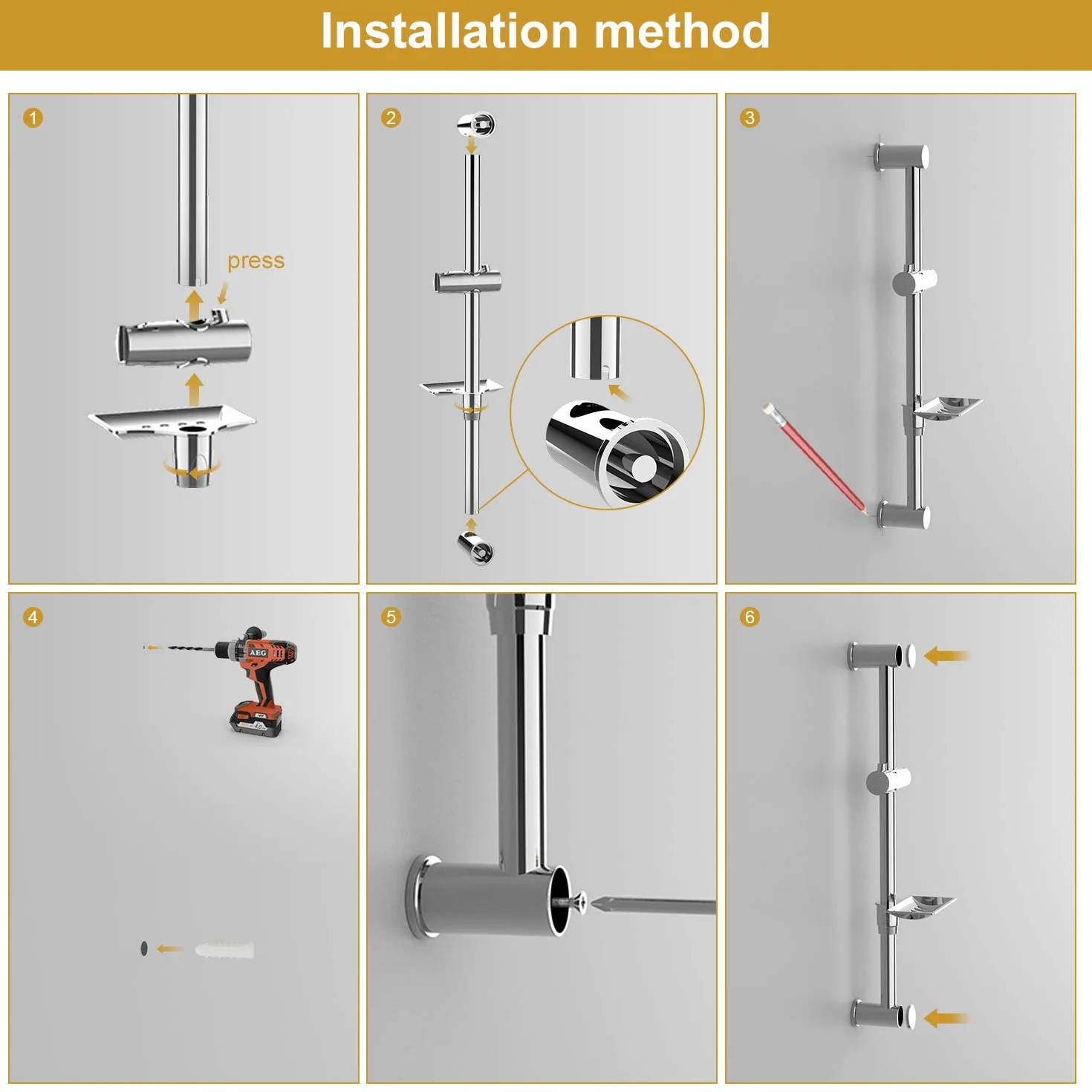 Ibergrif, M20903 Conjunto Soporte Ducha Pared, Barra Ducha con Jabonera, Manguera, Alcachofa, Soporte, Plata