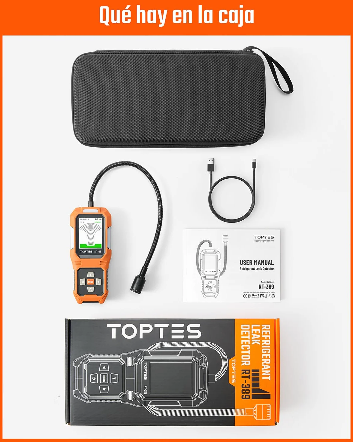 TOPTES RT-389 Detector de Fugas de Refrigerante Recargable, 3 Modos de Sensibilidad, Freón, CFC HCFC HFC HFO HC, Naranja