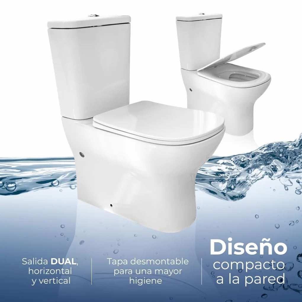 Inodoro Completo, PRAGA Adosado a pared completo con Taza Rimless | Incluye Cisterna con Mecanismo ECO y Tapa Amortiguada de UF