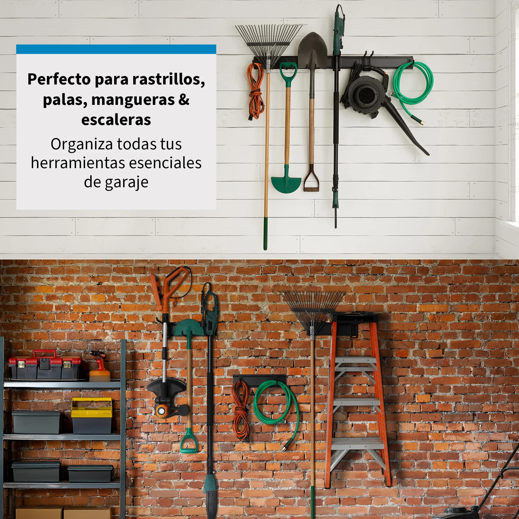 Precision Defined Almacenamiento de garaje, organización de garaje, organizador de herramientas de jardín de montaje en pared, ganchos ajustables de metal resistente, sistema de colgador de patio