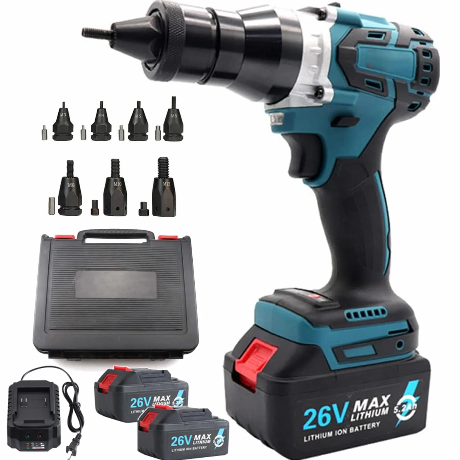 Remachadora de Tuercas a Batería y Eléctrica Portátil - Juego Profesional con Cargador para Tuercas Remachables M3, M4, M5, M6, M8, M10, M12 en Acero (5200mAh, 2 Batería)