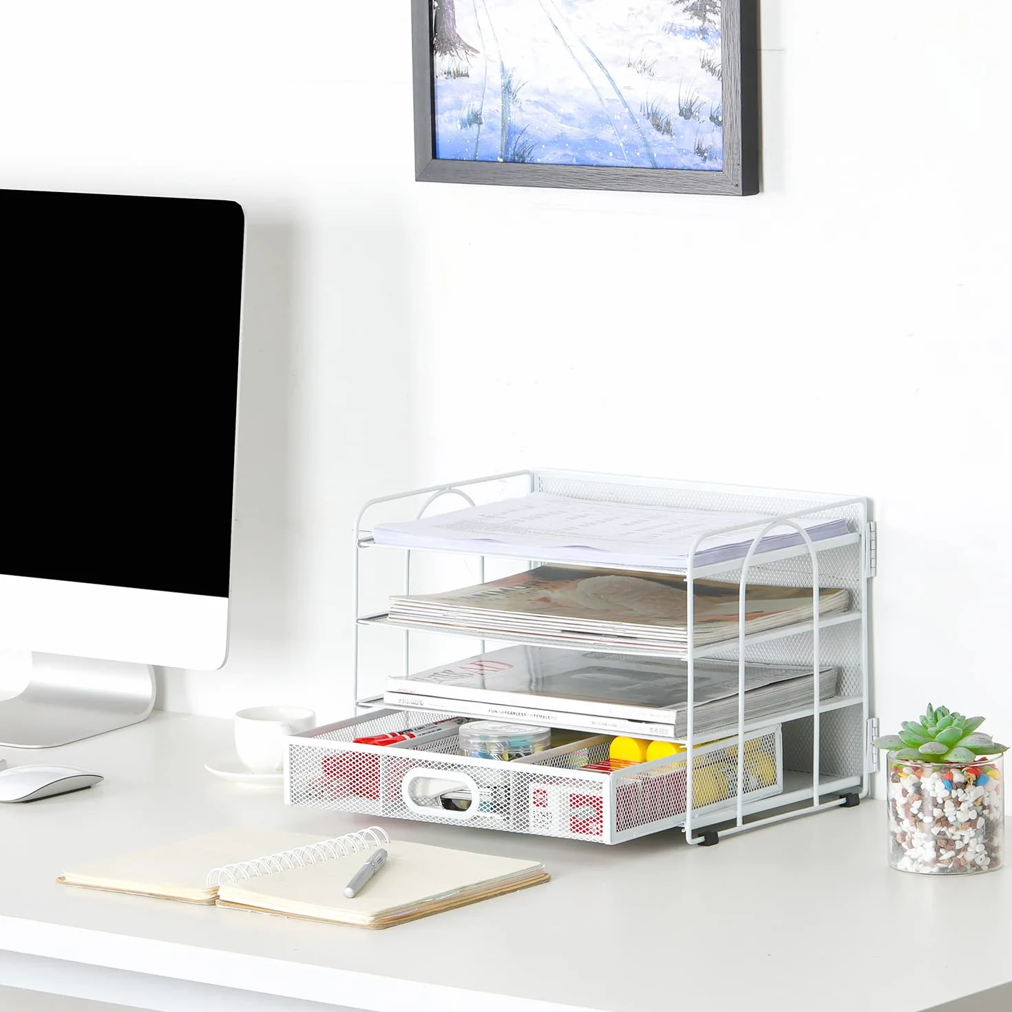 EasyPAG 4 Niveles Metal Malla A4 Bandeja Oficina Organizador Documentos Almacenamiento Papeles Soporte Archivador Clasificador Escritorio Estante Carta con Cajón, Blanco
