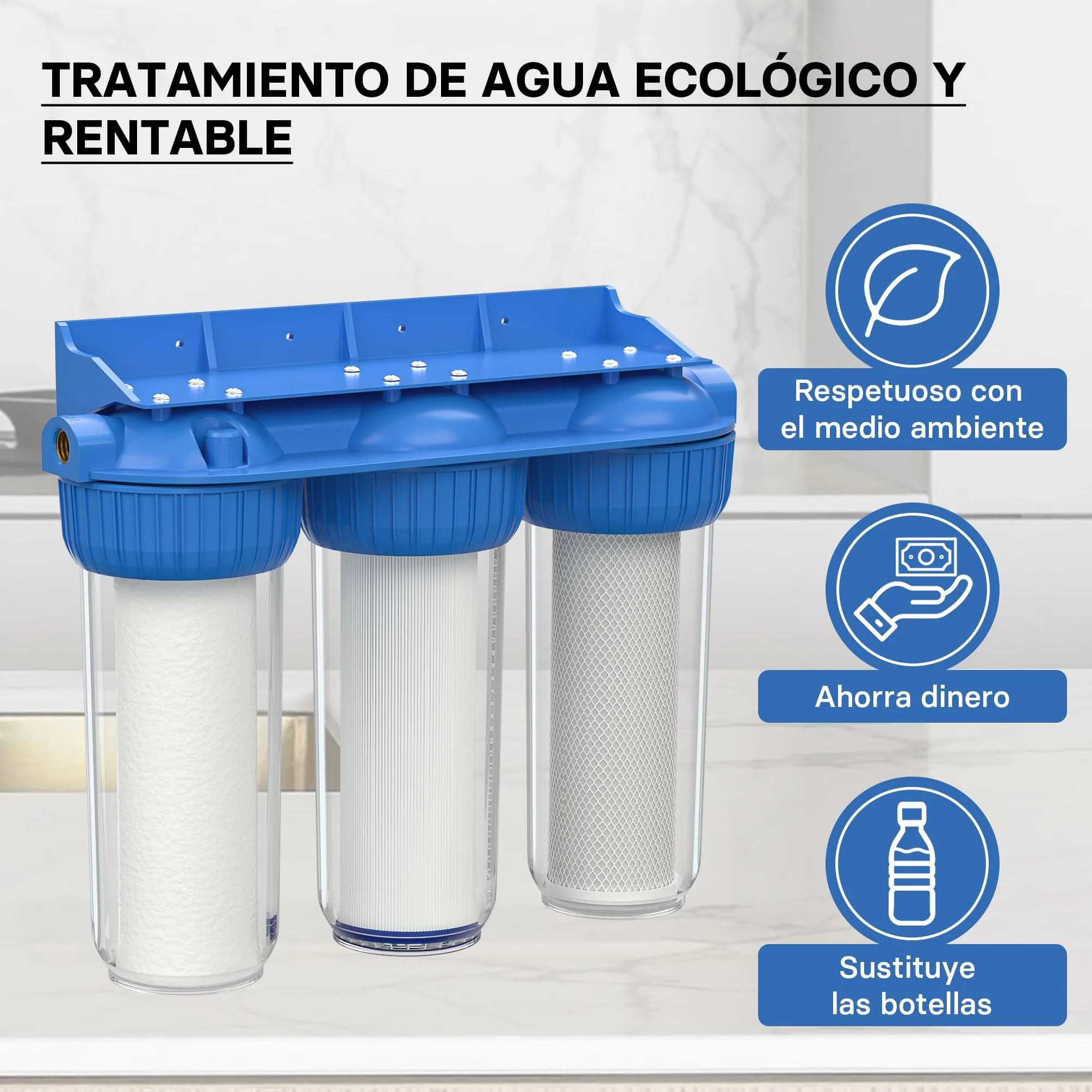 Naturewater NW-BR10B4 Filtro de agua 3-etapas 26.16mm (3/4") cartucho PP Ø60 mm, filtro con soporte de pared, con llave, filtración de sedimentos, carbón activado en bloque y en granulado