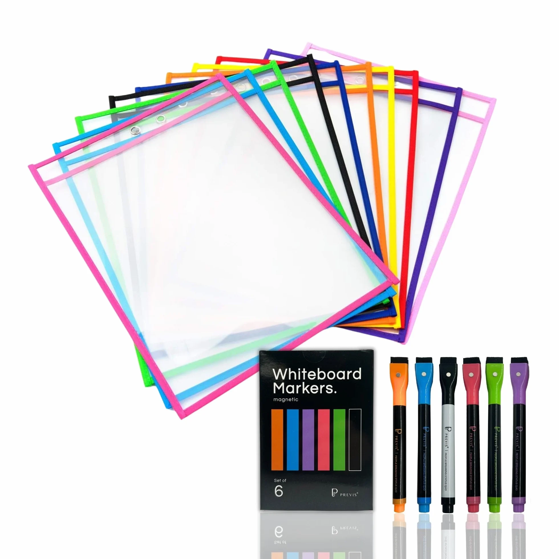 PREVIS Fundas Borrables A4 Tamaño Folio - 10 Unidades + 6 Rotuladores con Borrador