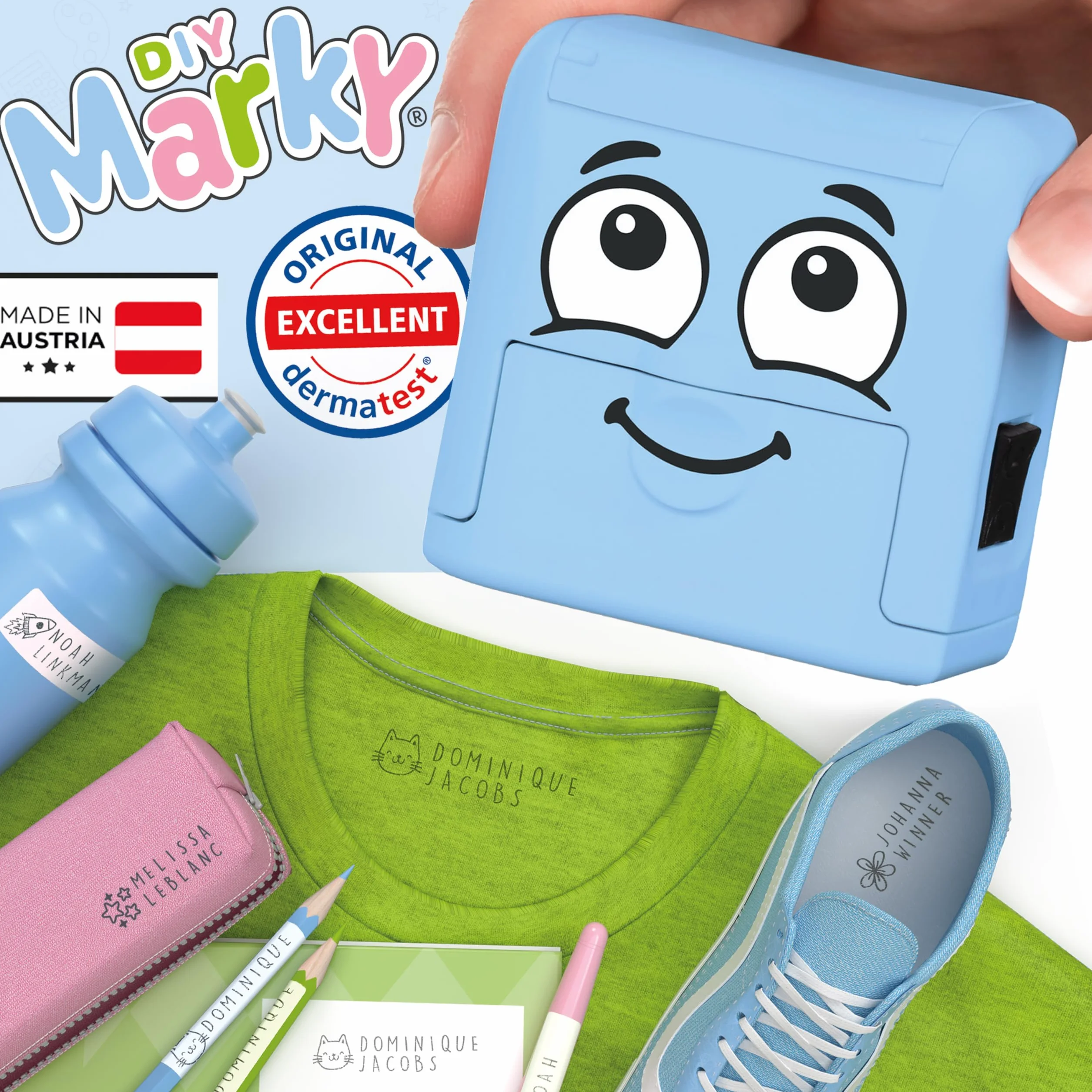 Sello Personalizable para Niños con Tinta 1000 Impresiones Kit Etiquetas Cinta Termoadhesiva Azul