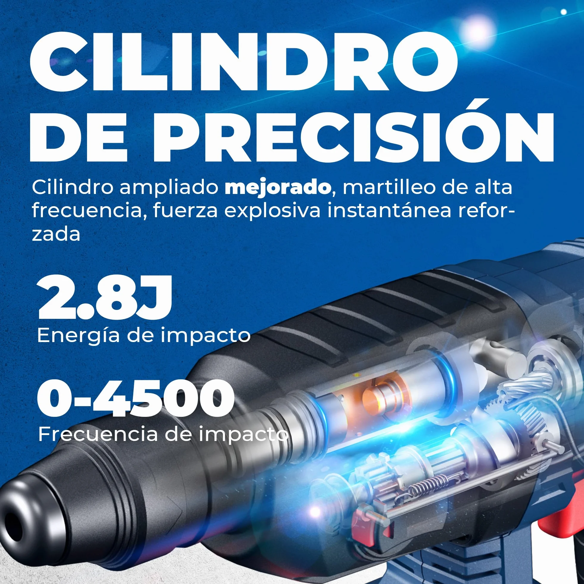 DongCheng Martillo perforador sin cable 18V, martillo percutor a batería 2,8 J, 4 piezas SDS-plus, perforación hasta 28 mm, motor sin escobillas empuñadura antivibración baterías 4Ah y cargador 2A