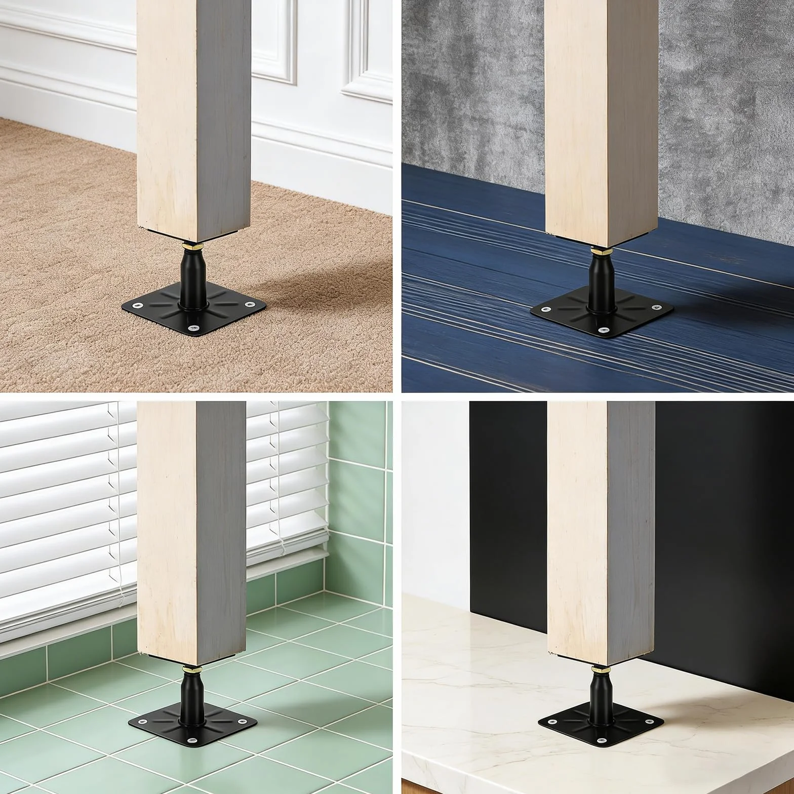 4 soportes para postes, 100-150 mm, galvanizados, altura ajustable con 16 tornillos, acero galvanizado, pie de apoyo para terrazas, vallas, refugios, garajes, pérgolas, trabajos de construcción