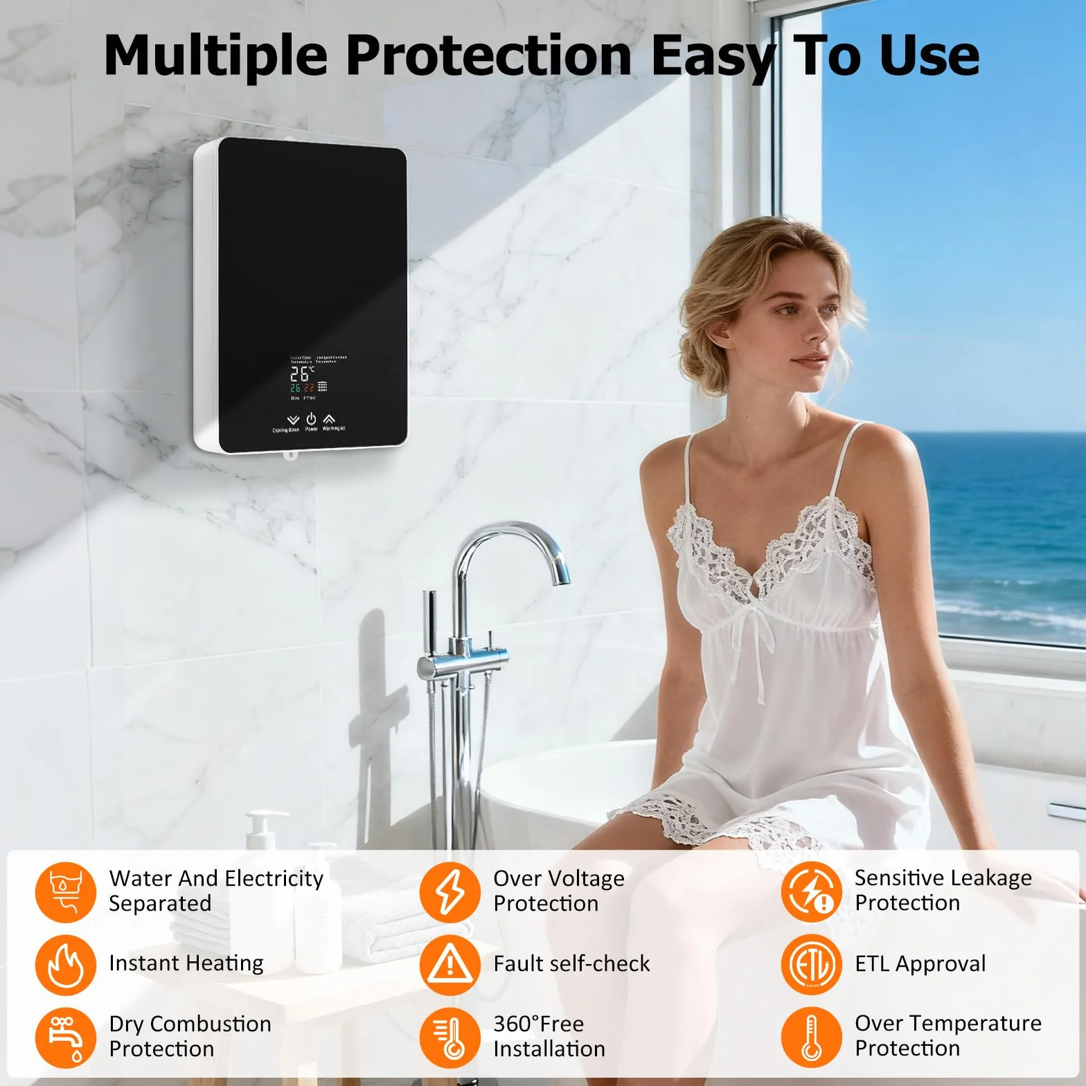 Calentador instantáneo de 5500 W, 230 V para ducha y cocina | Mini calentador de agua eléctrico con pantalla LED de temperatura y cabezal de ducha | Protección contra salpicaduras IPX4 para baño