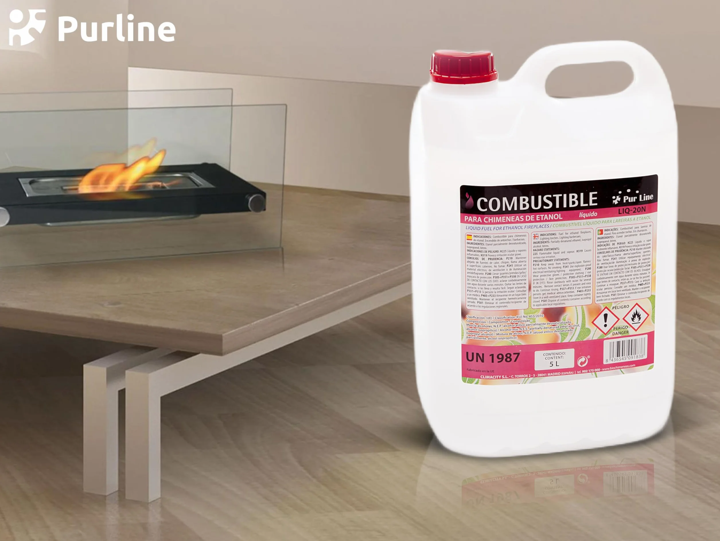 PUR LINE | Bioetanol 5L 96% Combustible para Chimeneas y Estufas, Sin Humo y Alta Combustión - Bioetanol Líquido para Biochimeneas, Quemadores y Uso Interior/Exterior
