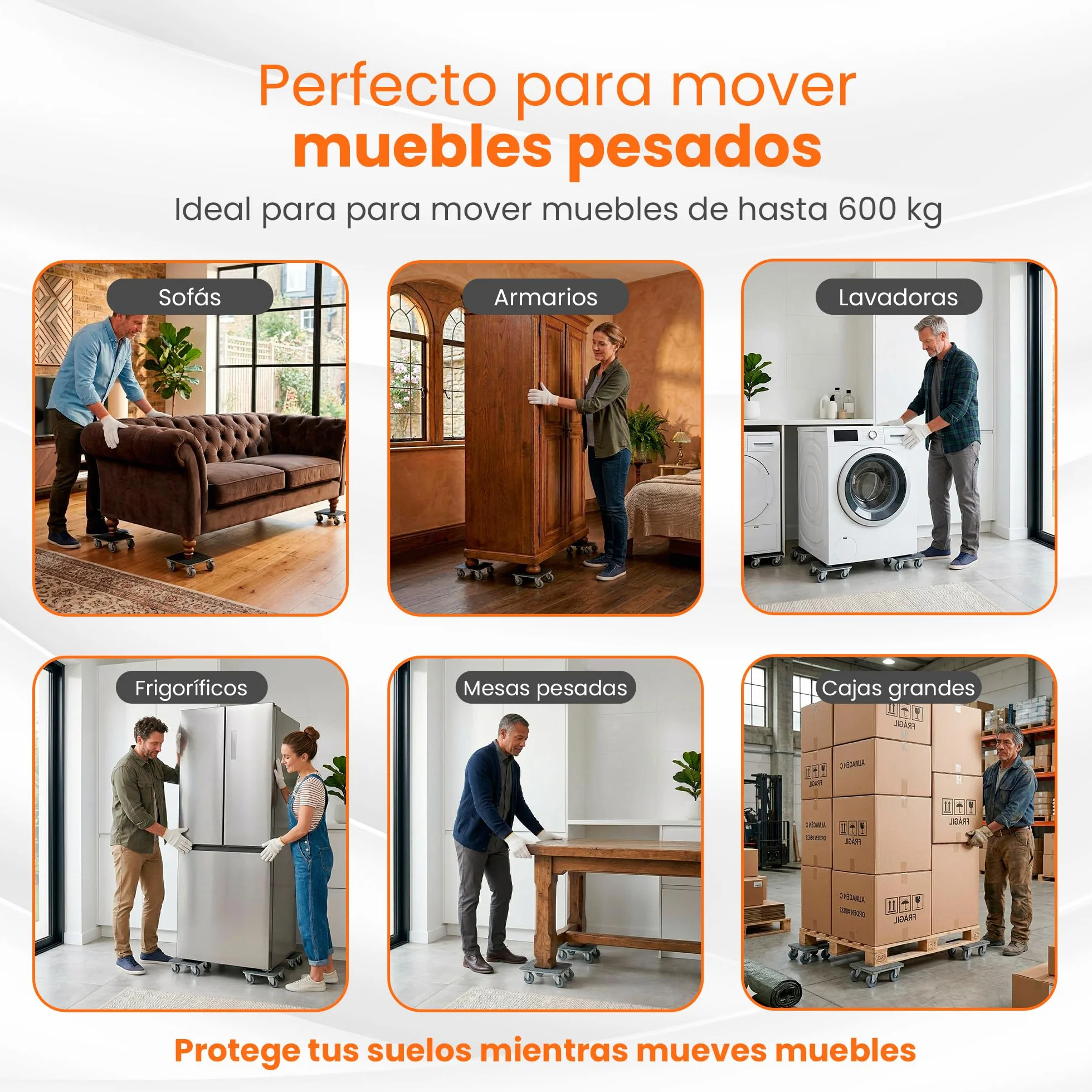 Ruedas para Mover Muebles Pesados 600kg - Elevador Muebles con 5 Ruedas 360°, Acero Reforzado, Correas de Amarre, Palanca Extensible, Kit Profesional 22 Piezas