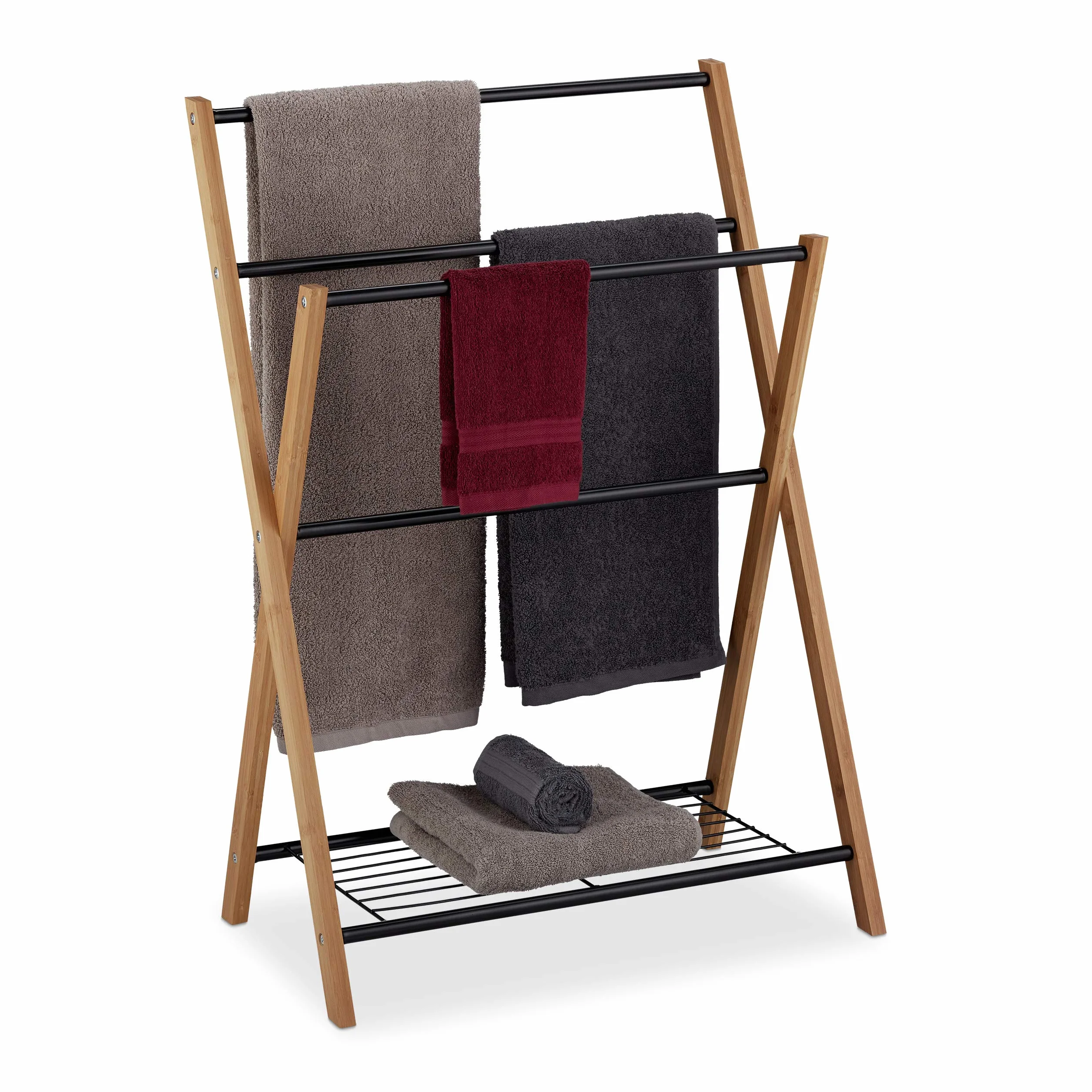 Relaxdays Toallero de Pie con 4 Barras, Bambú-Metal, Negro-Marrón, 87 x 60,5 x 37,5 cm