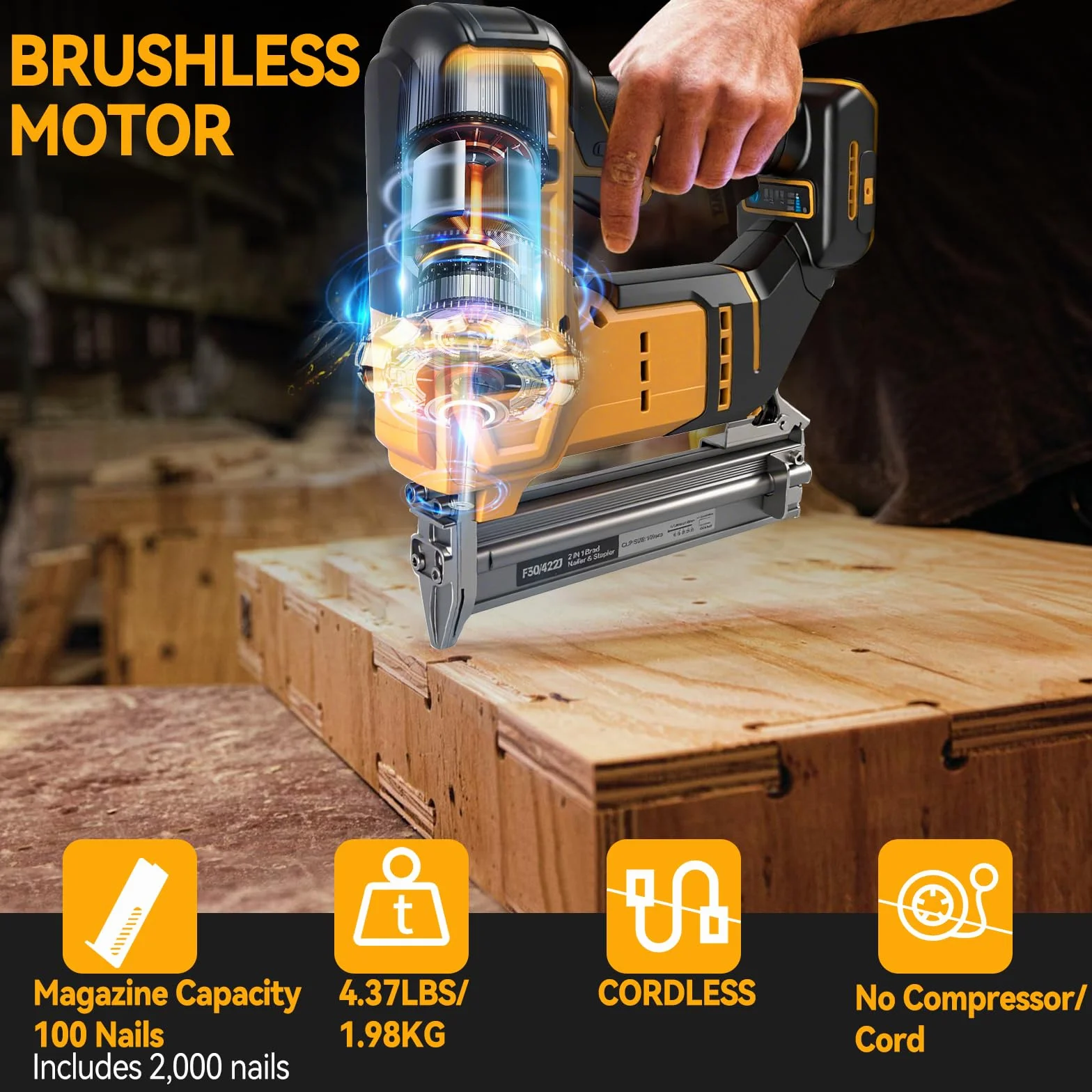 Clavadora de brads inalámbrica de 18GA compatible con batería Dewalt 20V MAX, clavadora de corona estrecha sin escobillas con 1000 clavos y 1000 grapas para bricolaje, DIY y carpintería