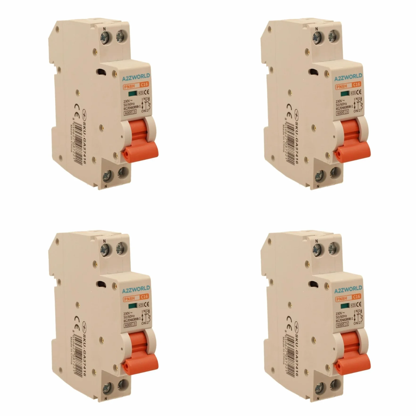 4 interruptores magnetotérmicos compactos 16 A C16, 1P + N 6000 A curva C, Slim Solo 1 módulo DIN 220 V AC