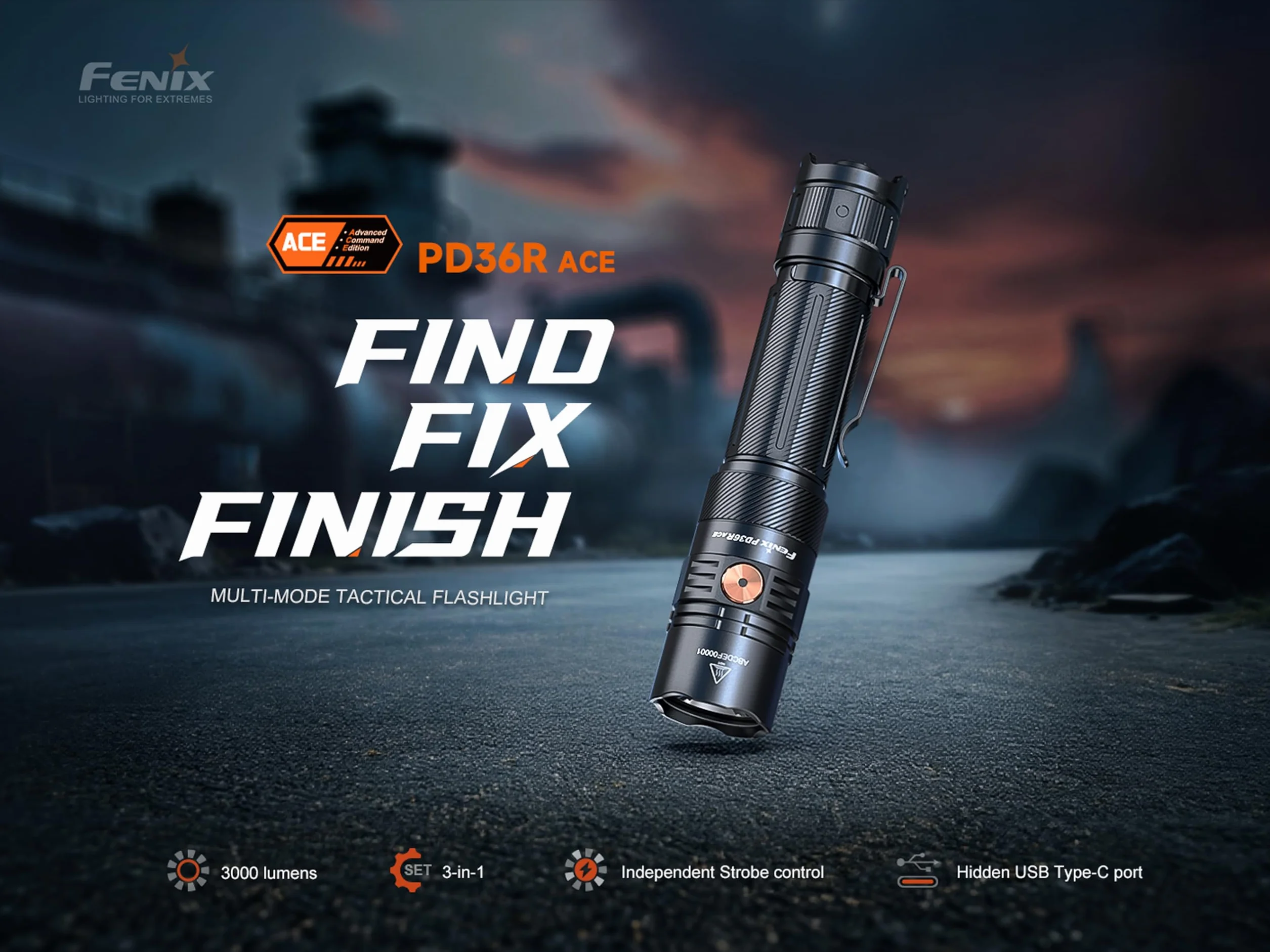 Fenix PD36R ACE - Linterna de seguridad compacta recargable | 3000 lúmenes | 415 m | 63 horas + máximo | Función de ajuste - Perfiles seleccionables, cubierta de puerto USB giratoria | IP68