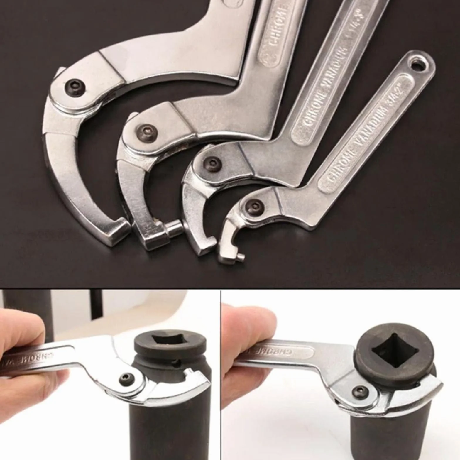 Poweka C Llave de Gancho Ajustable de 4 Piezas, Ilaves de Cabeza Redonda Incluye 3/4-2", 1 1/4-3", 2-4 3/4", 4 1/2-6 7/10" Para Apretar Equipos Mecánicos y Vehículos