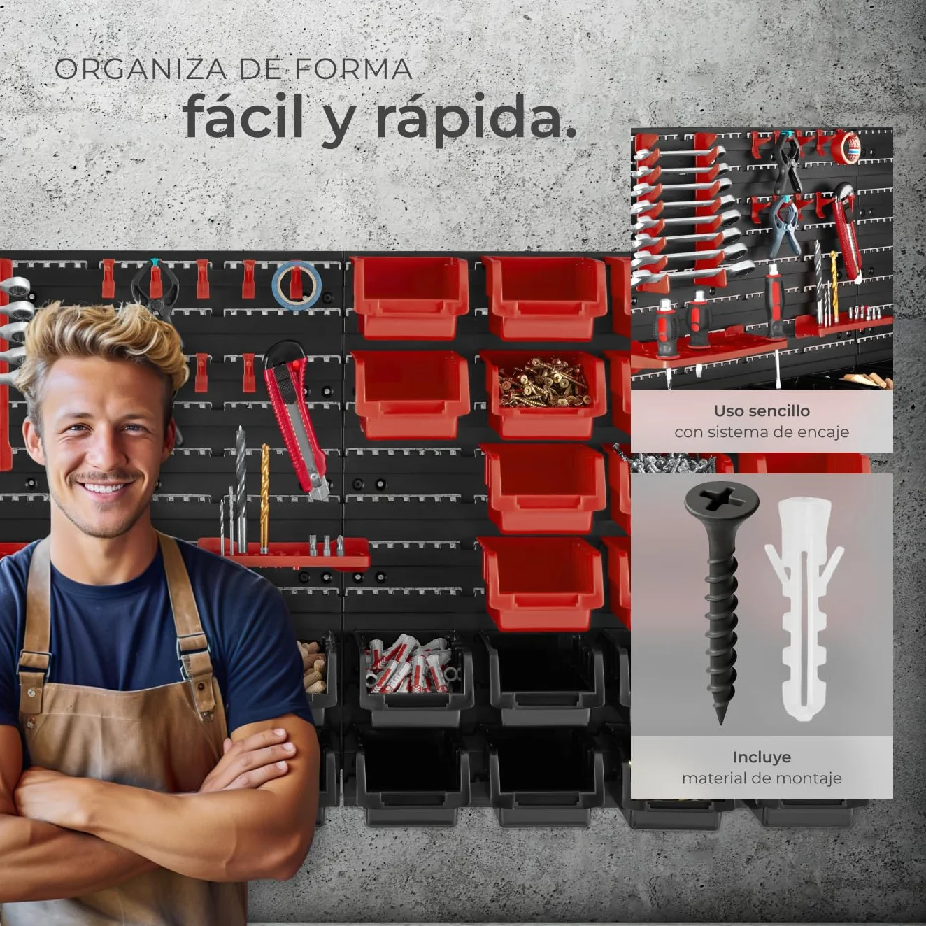 tectake® Organizador de Herramientas con Panel Herramientas Pared y Organizador de Tornillos para Taller Bricolaje, Estantería con Cajas para Tornillos - 1 Estantería