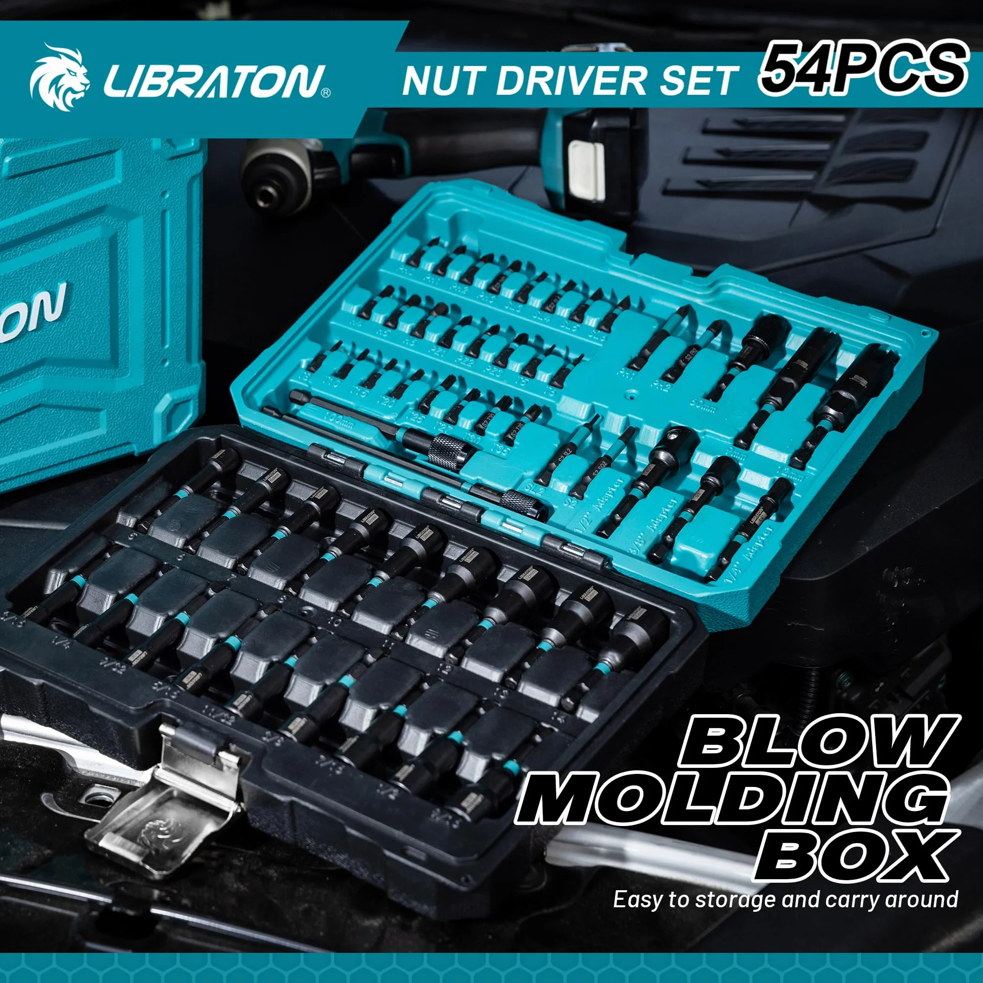 LIBRATON 54 Destornilladores de Tuerca Magnéticos, Brocas de Impacto de 1/4", Métrico y SAE para Taladro, Adaptadores de Vaso, Extensión de Liberación Rápida, Destornilladores de Tuerca de Ala, Caja