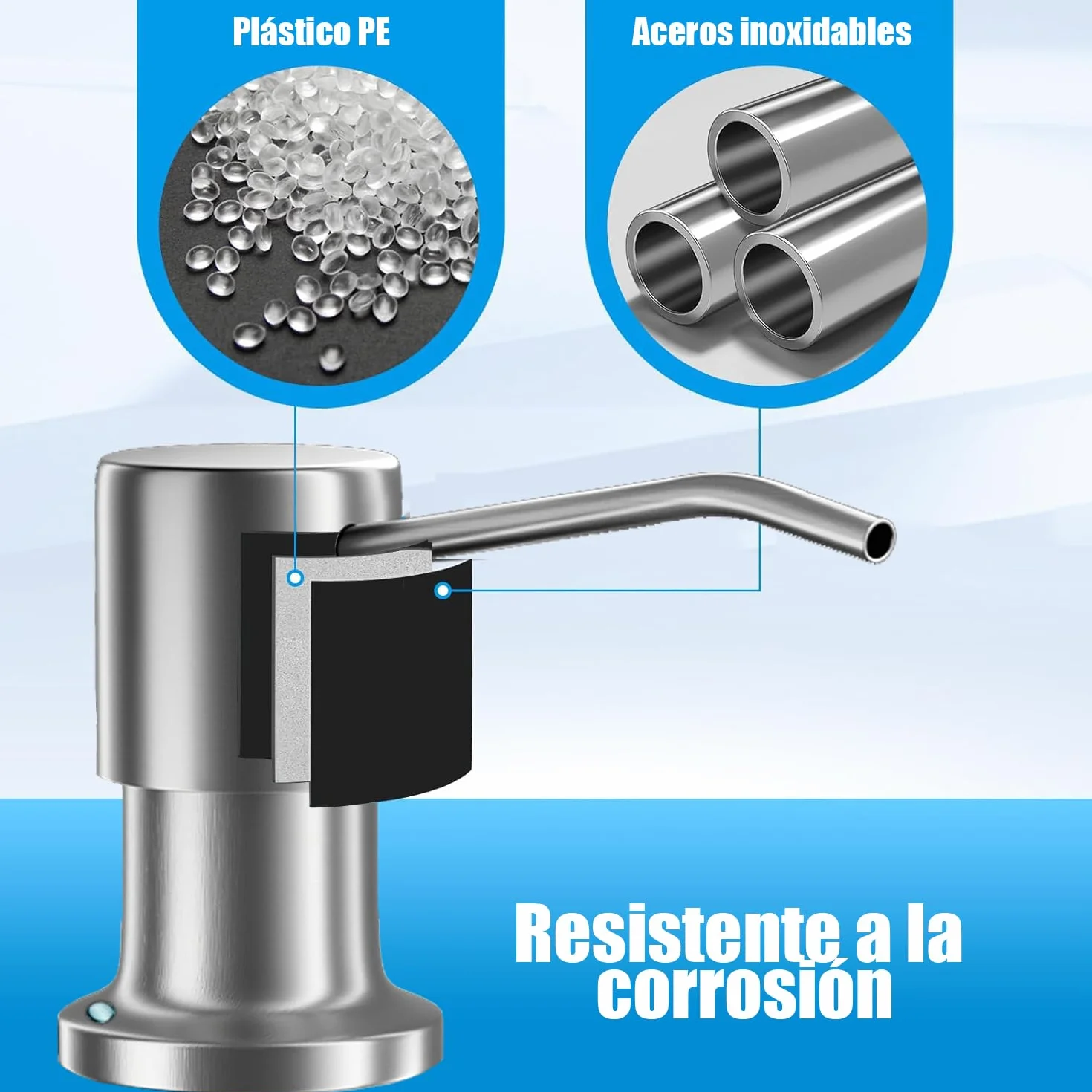 Dispensador de Jabón de Cocina de Acero Inoxidable, Empotrado bajo Encimera, con Tuerca, Plata