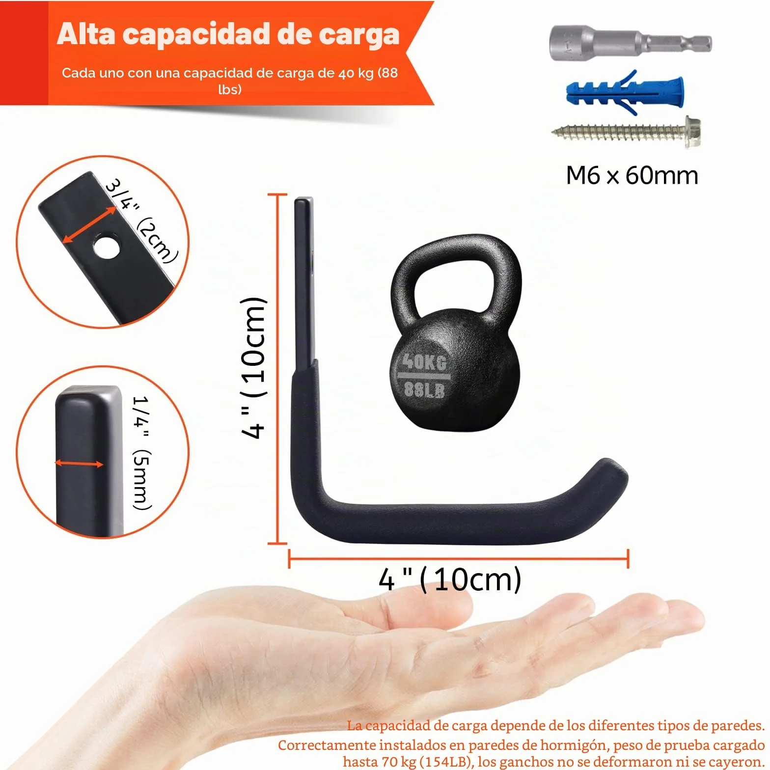 4 Ganchos Pared, Resistentes para Garaje, Ganchos para Colgar Almacenamiento, en J Soporte Herramientas Pared Multiusos, Ganchos para Colgadores para Equipo Deportivo (10 cm, 40 kg)