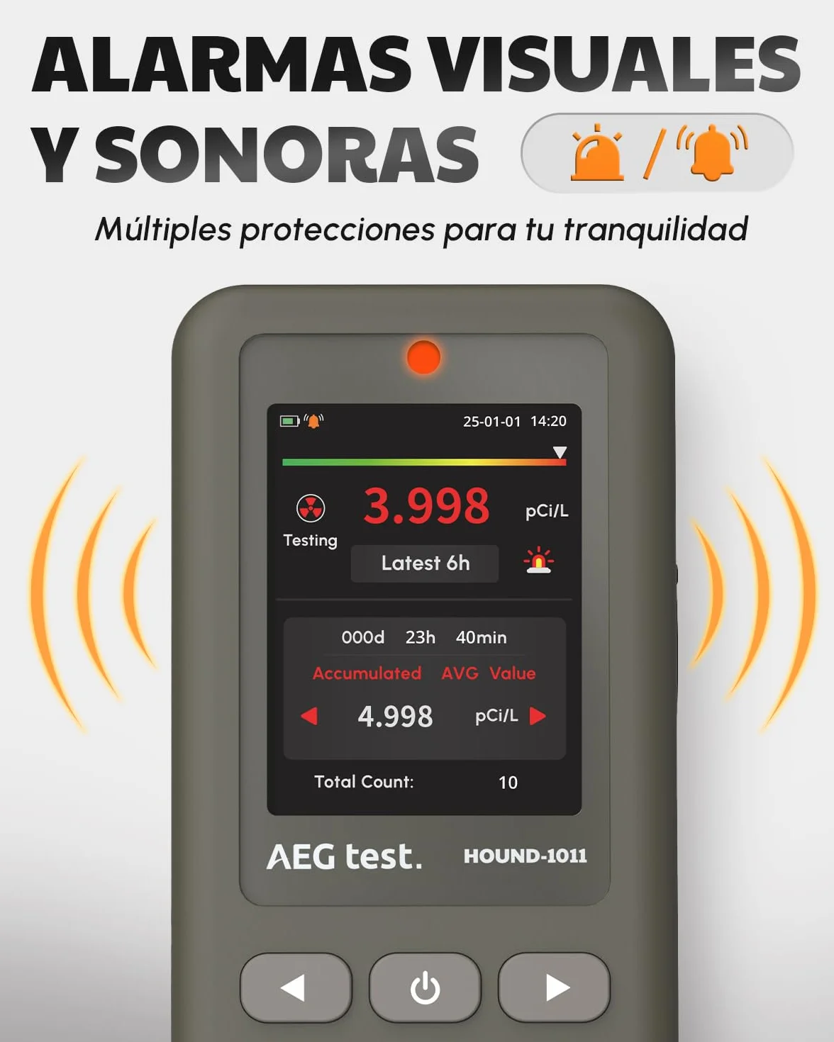 HOUND-1011 Detector de radón portátil para hogar, Ligero, Sensor de Alta precisión, 45 días, fácil de Usar, para mediciones a Corto y Largo Plazo en pCi/L o Bq/m³, para sótano – Gris