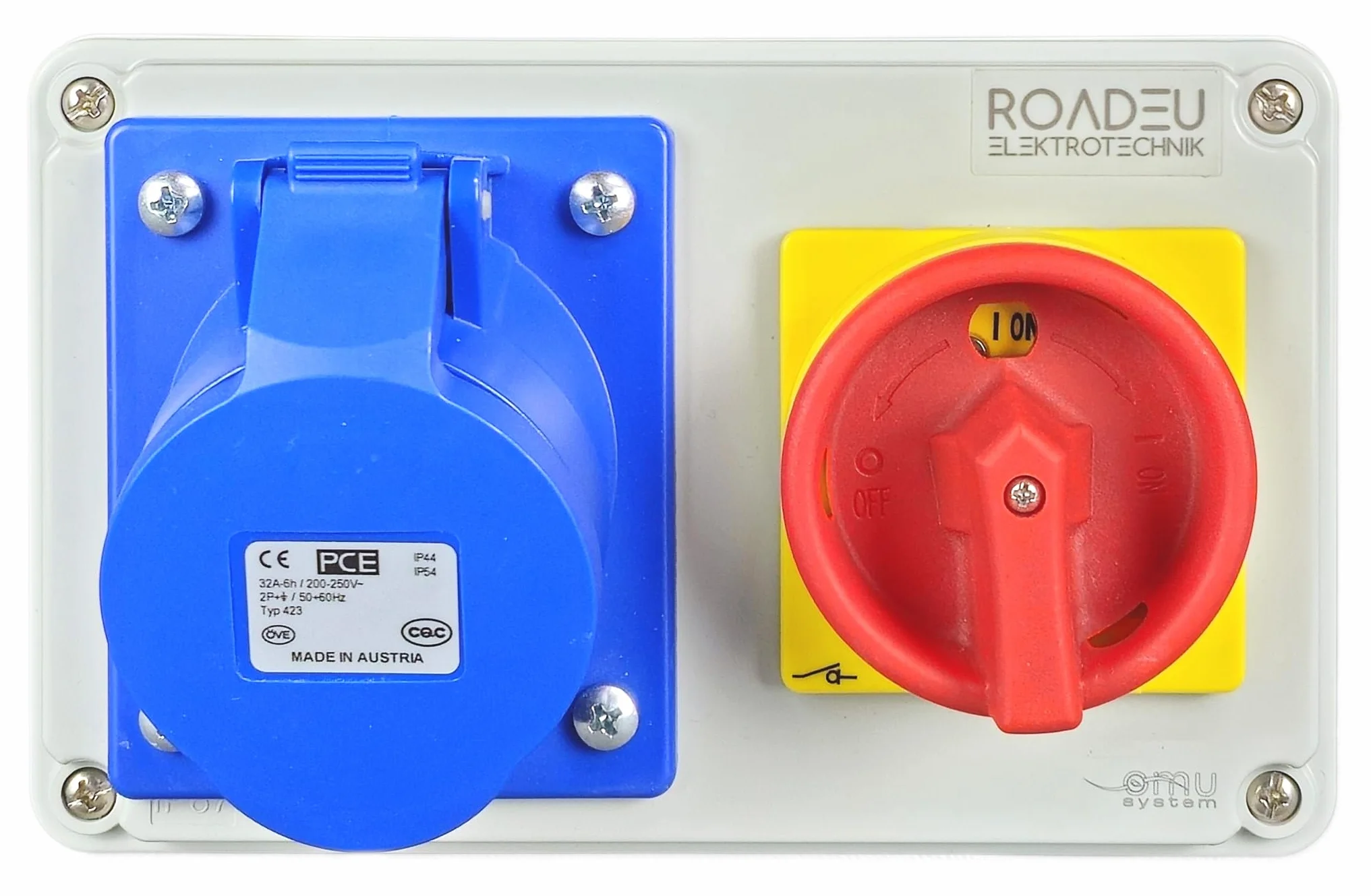 RoadEu - Enchufe de pared CEE 32A 3P 230V con interruptor principal 0-1 - Distribuidor de corriente con bloqueo - IP44 resistente a la intemperie - para taller, jardín, garaje