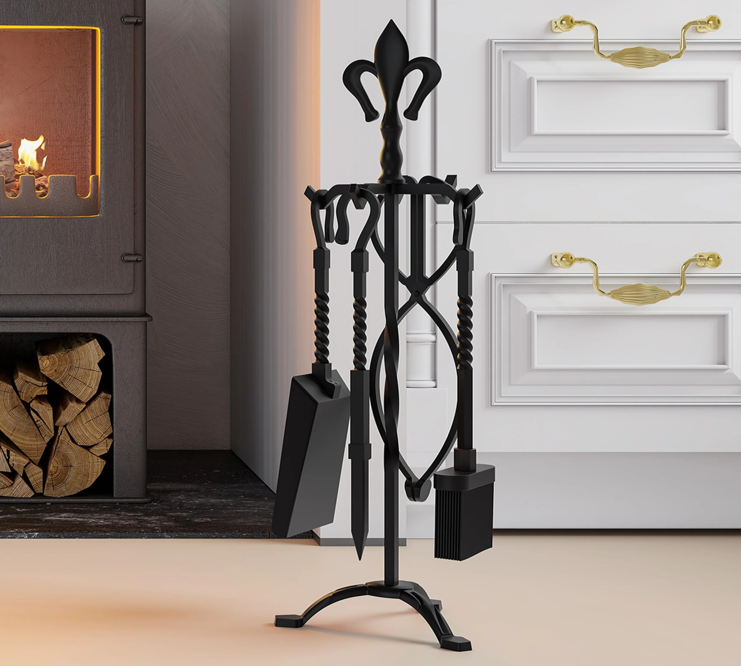 Kingson - Set de 5 piezas de accesorios para chimenea de hierro fundido – Acabado negro – Incluye atizador, pinzas, cepillo, pala y soporte – Juego de herramientas para chimeneas abiertas