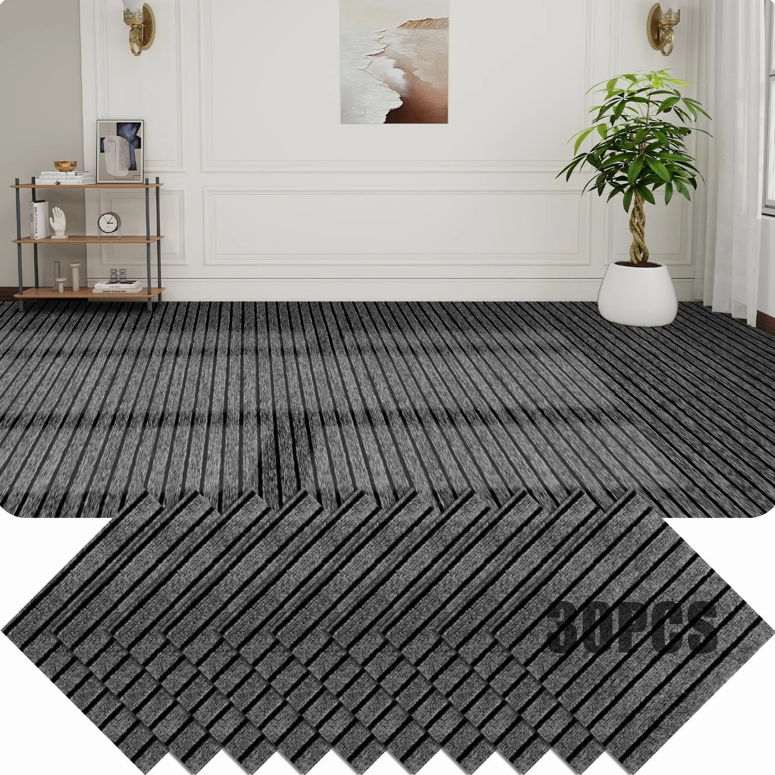 30 azulejos de moqueta de 30 x 30 cm, autoadhesivos, para oficina, salón, balcón (gris y negro)