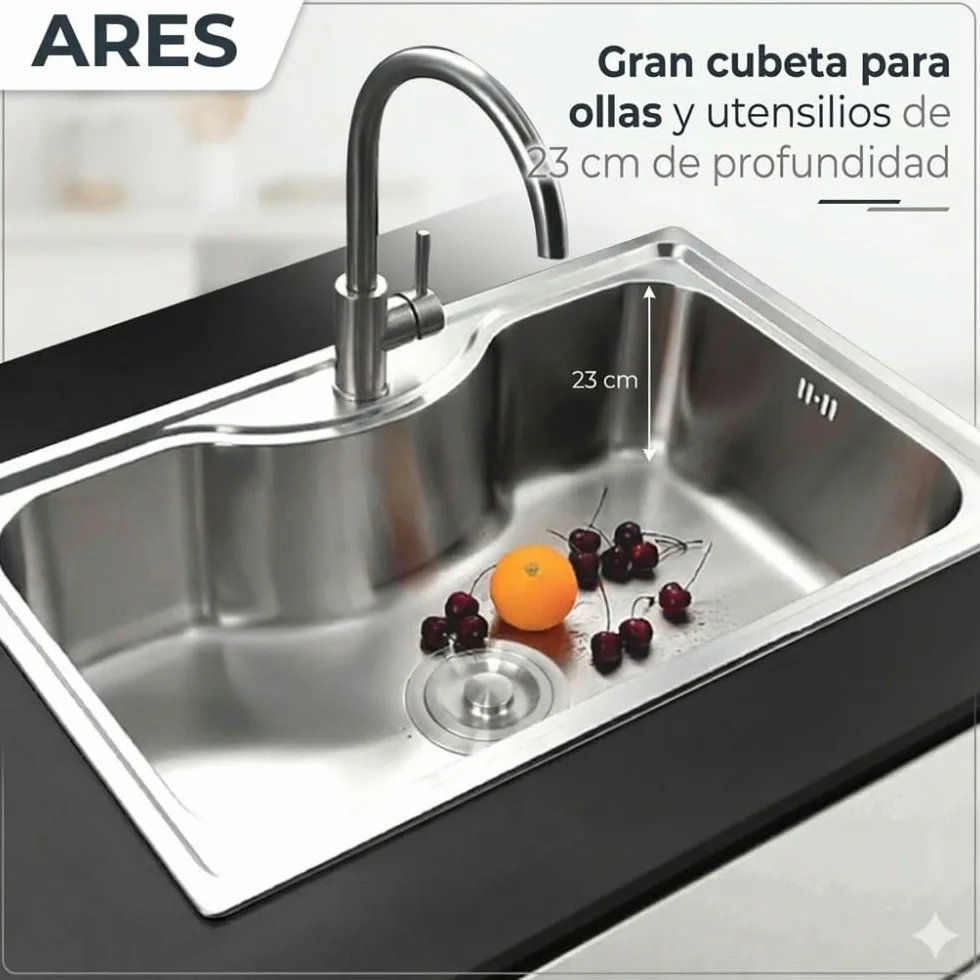 Ares Fregadero Cocina Acero Inoxidable AISI 304 80x49 cm - 1 Seno - Sobre Encimera - Resistente y Fácil Limpieza - Gran Cubeta 23 cm de Profundidad