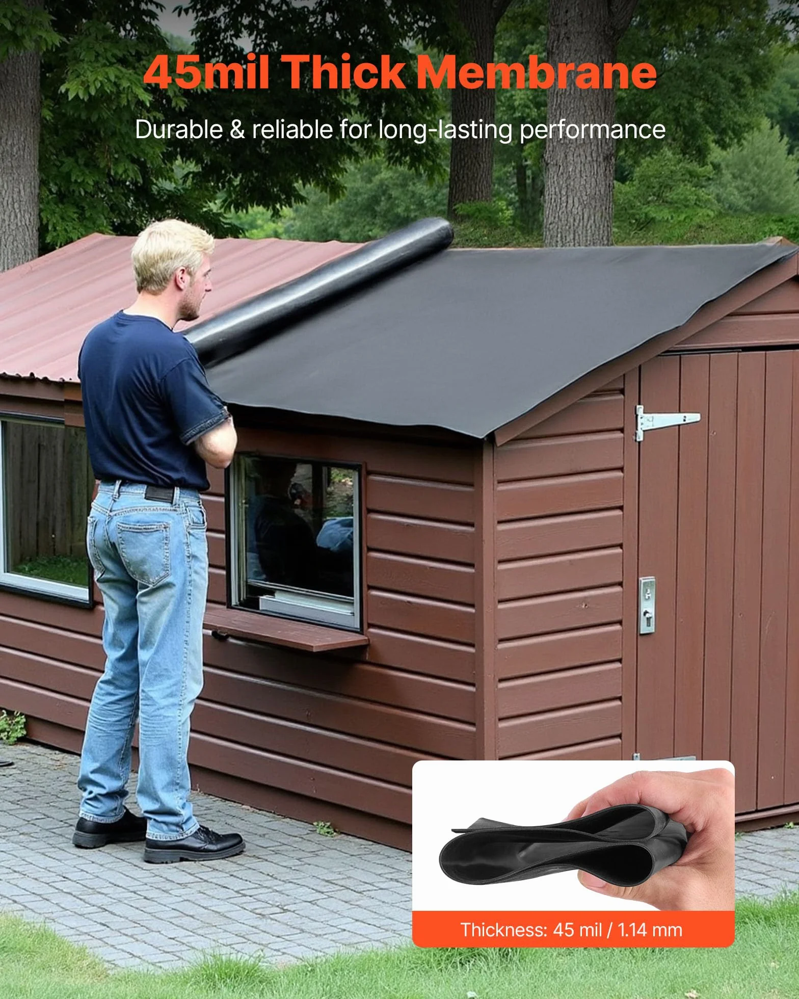 VEVOR Membrana para Techos 4,572 x 7,62 m, Lámina de EPDM de 1,14 mm, Impermeabilización de Cocheras, Duradera y Resistente a la Intemperie, Base para Autocaravanas, Techos y Estanques, Negro