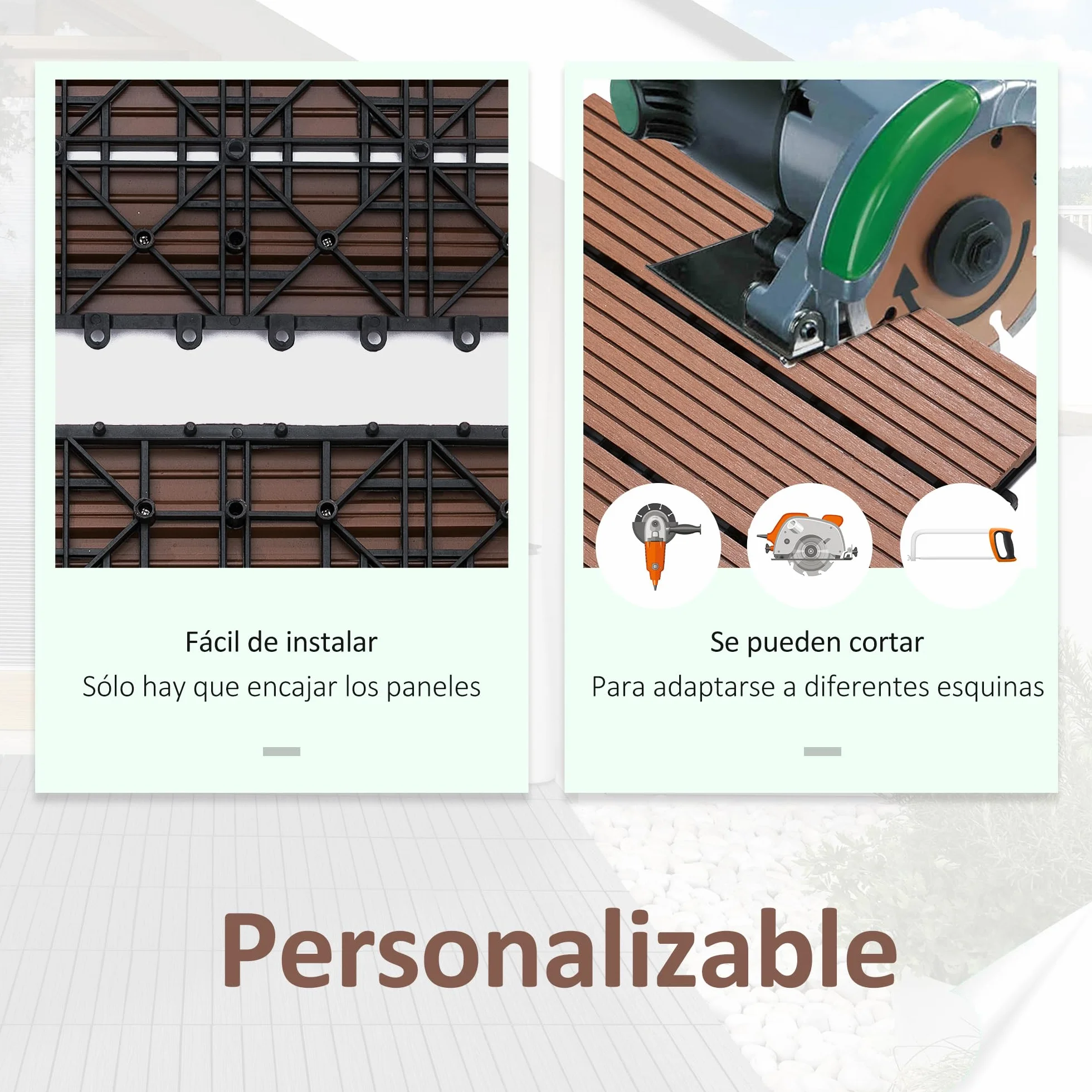 Outsunny Set de 11 Piezas Baldosas de Exterior 30x30 cm 1 m² Suelo de Jardín Exterior Antideslizantes y Resistentes al Clima de Fácil Instalación para Jardín Terraza Balcón Marrón