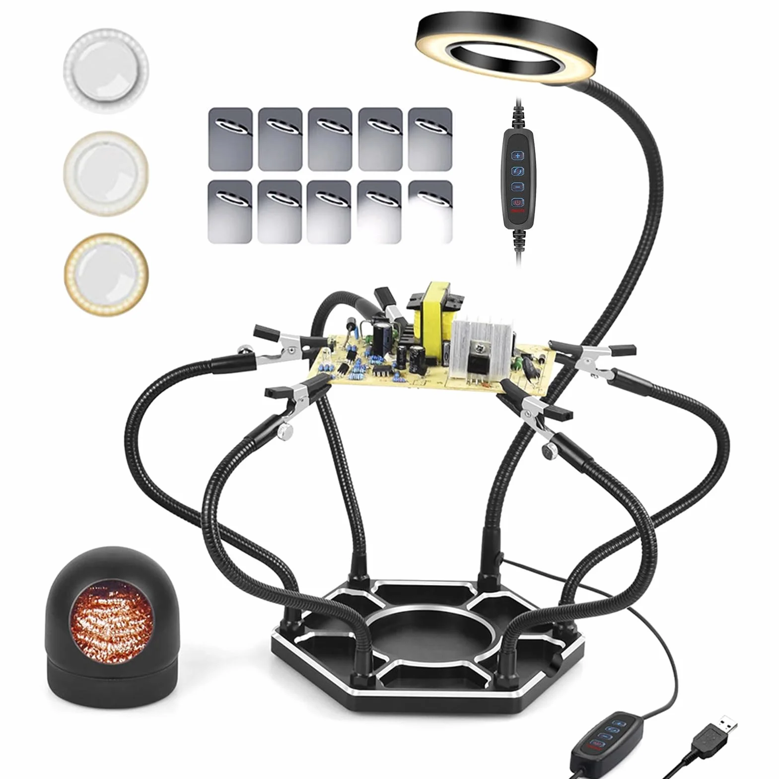 Geevorks Tercera Mano Soldadura con Soporte,Soldadura de Tercera Mano,Manos de Ayuda para Soldar,con 5 Manos Ayudantes,Con Lámpara de Lupa 3x,Brazos Flexibles